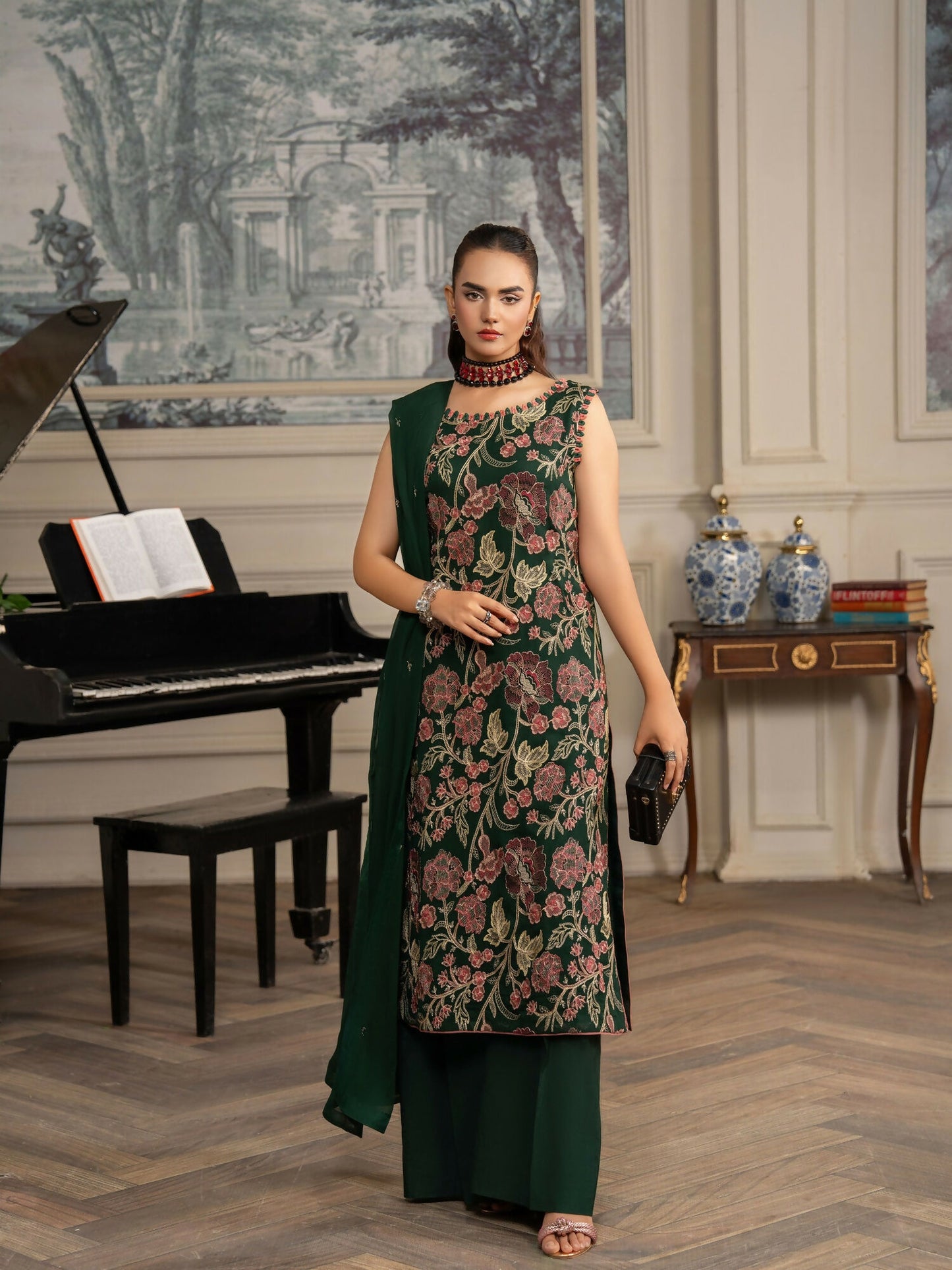 Hemstitch Chiffon Embroidered Stitched 3-Piece Suit-Jade