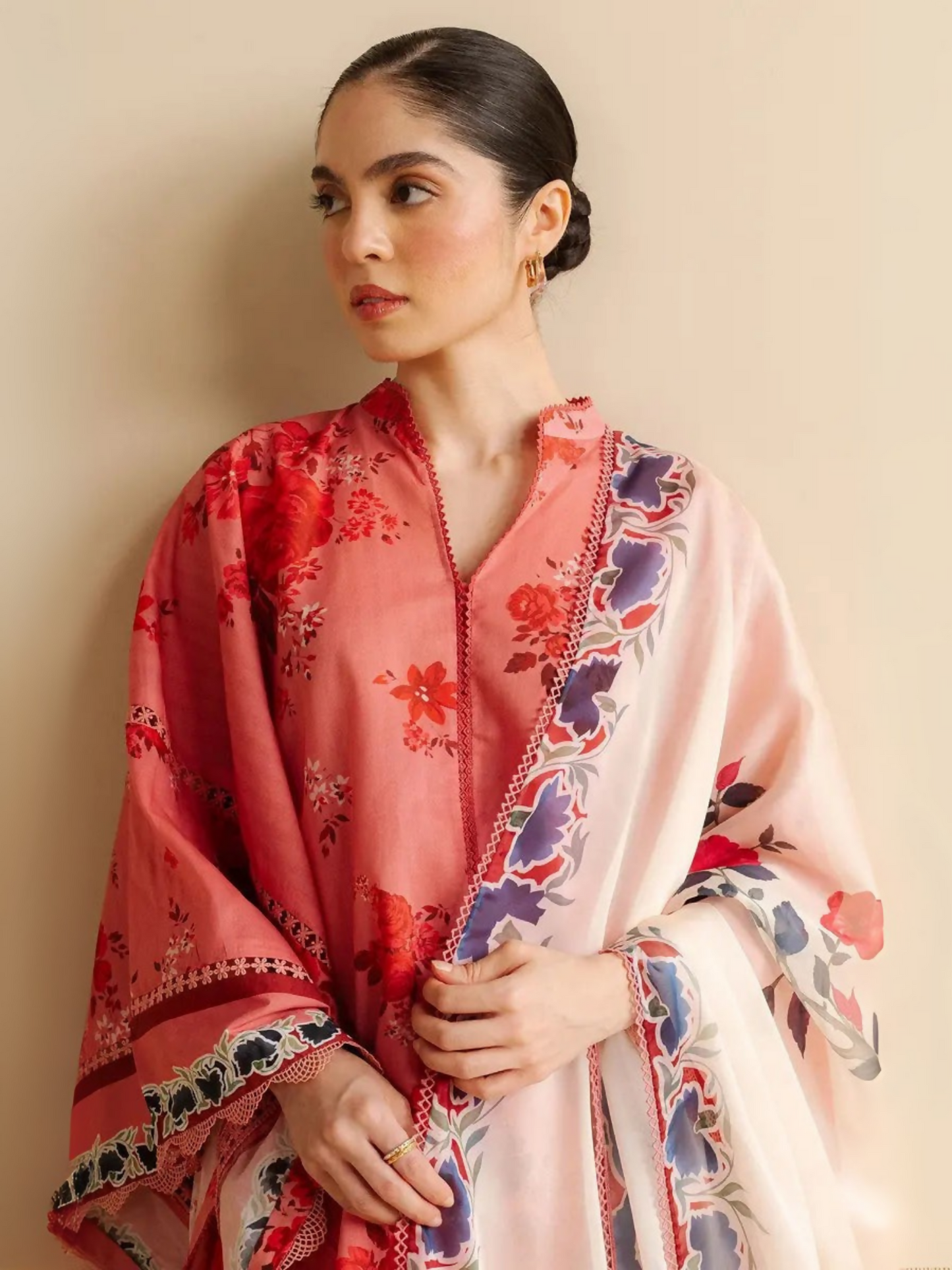 Unstitched 3-piece printed suit with floral lawn shirt, cambric trouser, and printed silk dupatta