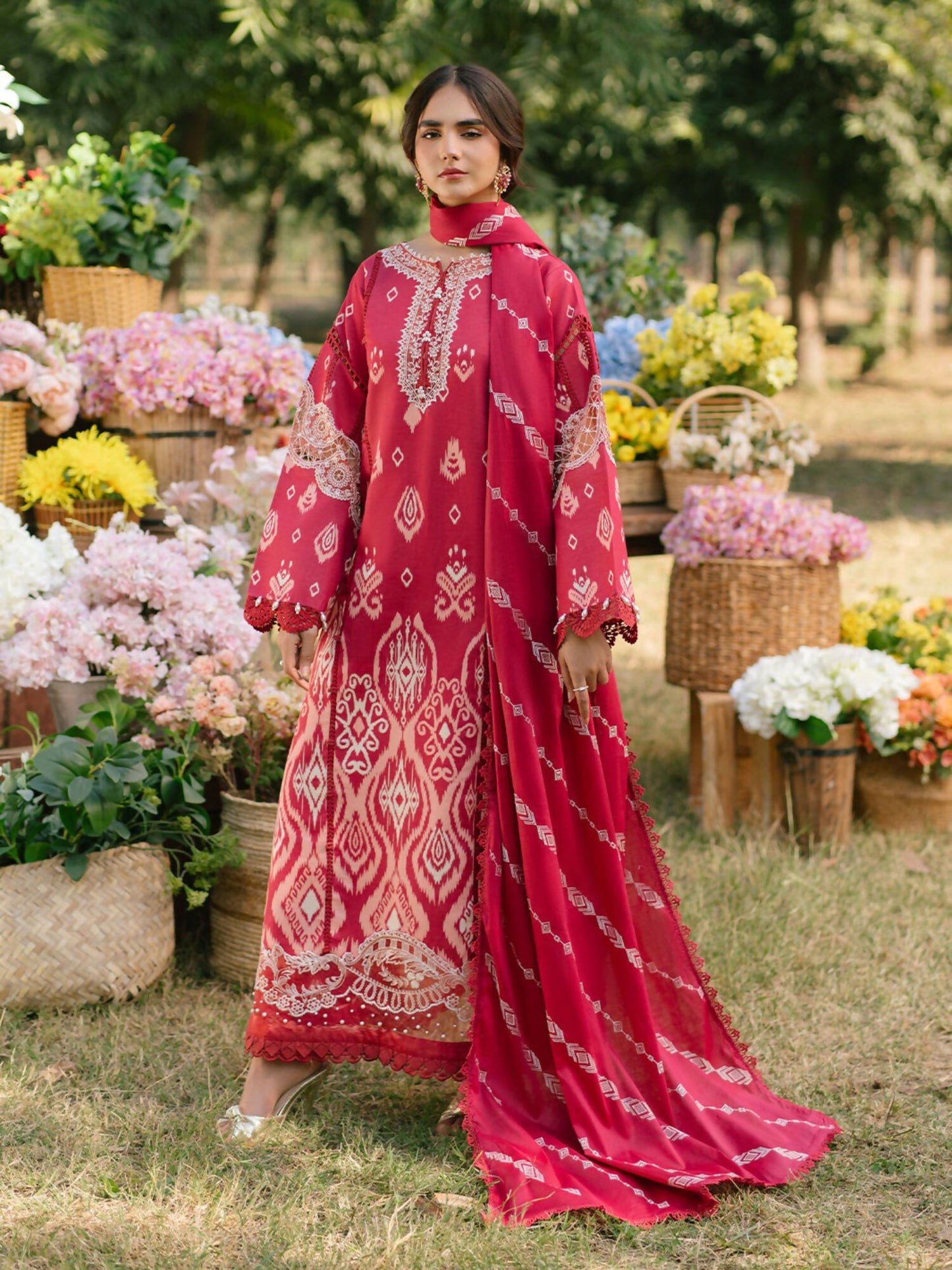 Parishay embroidered lawn front with intricate neckline and borders – stitched 3-piece suit
