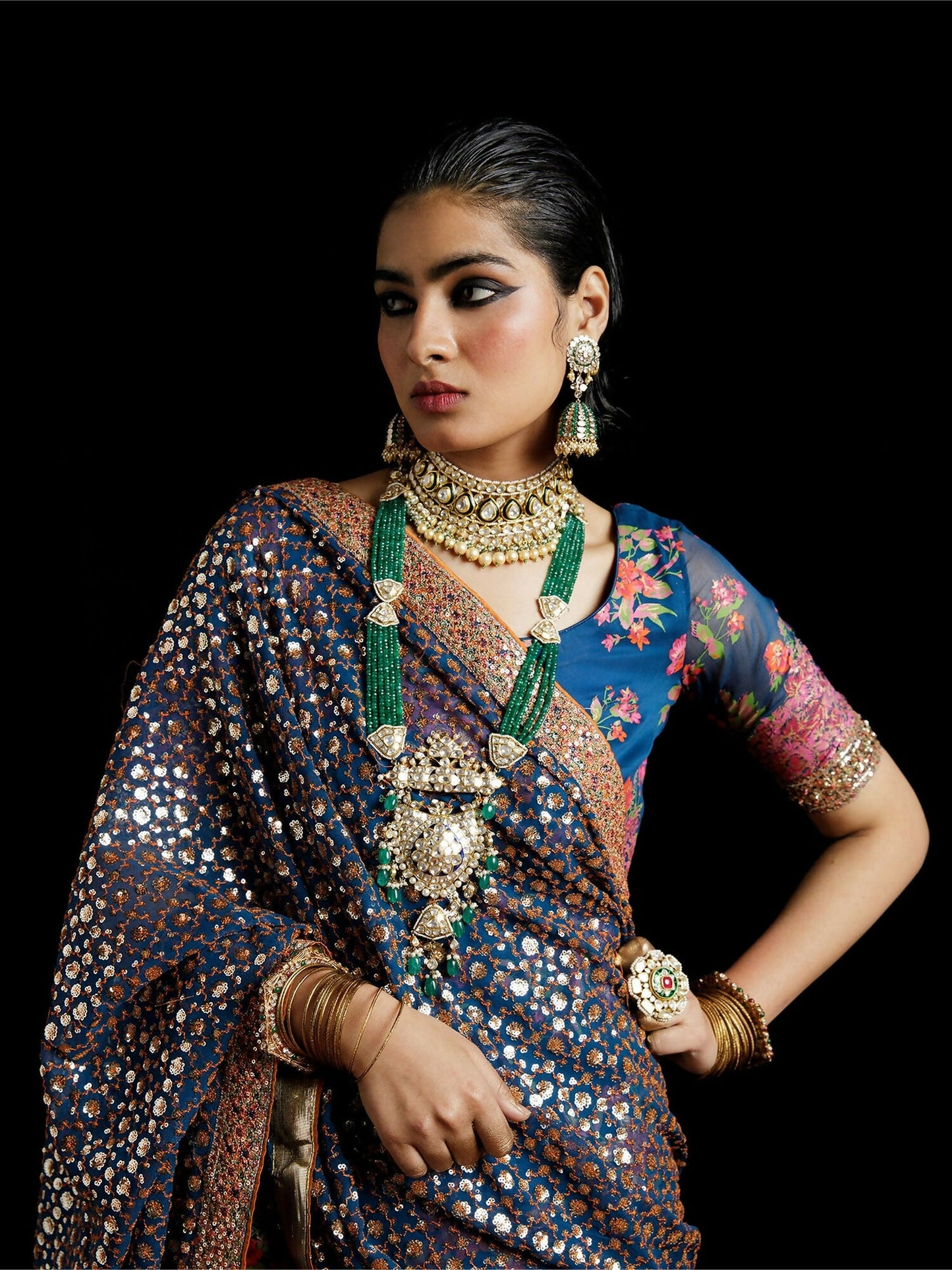 Hussain Rehar chiffon embellished shirt with floral printed sharara and heavily adorned chiffon dupatta