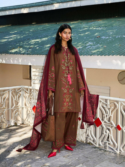 Jugnu by Hussain Rehar Khaddar Embroidered Unstitched 3-Piece Suit-Hazel