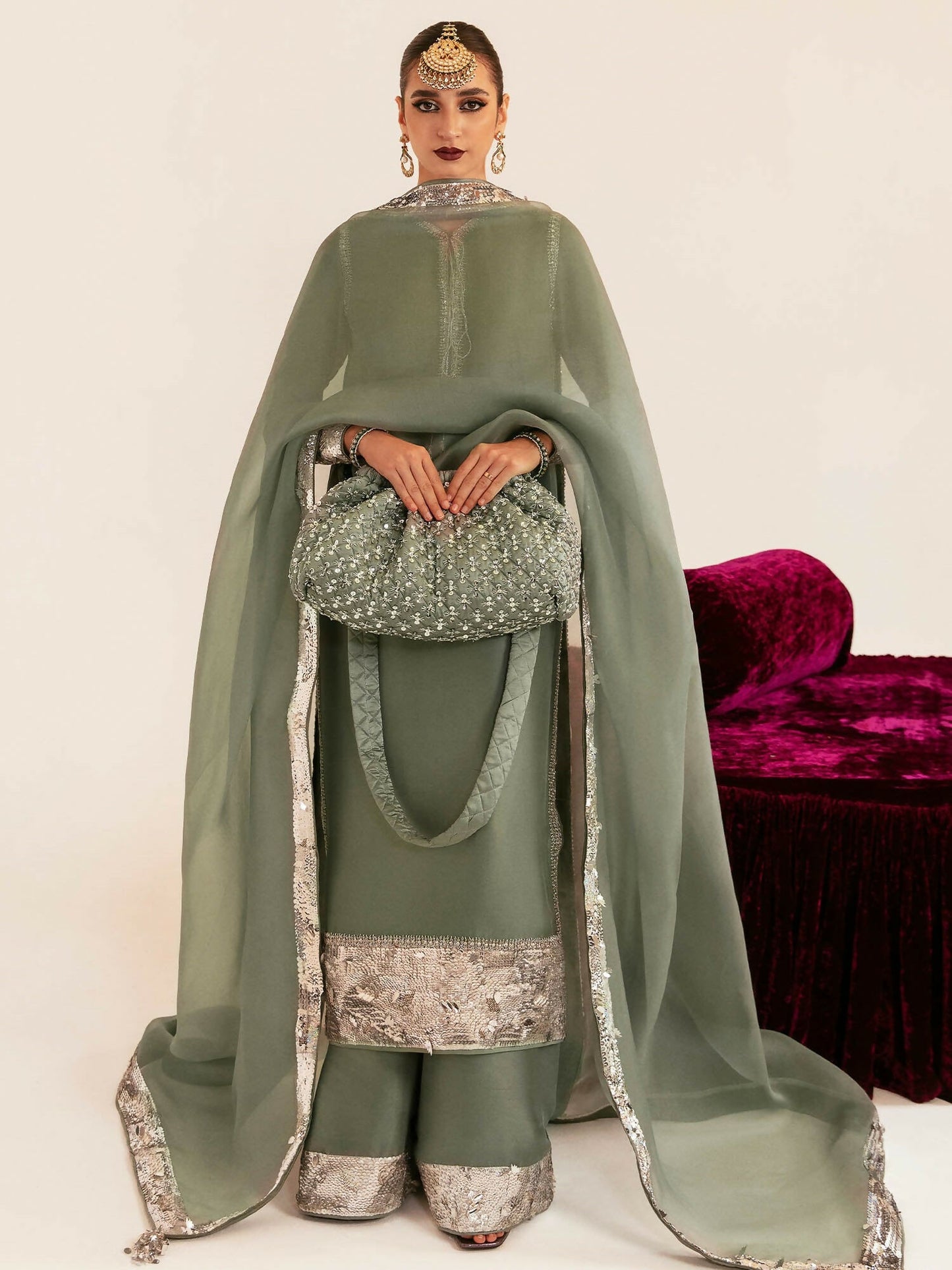 by Hussain Rehar light sea-green raw silk long shirt with embellished palazzo pants and organza dupatta