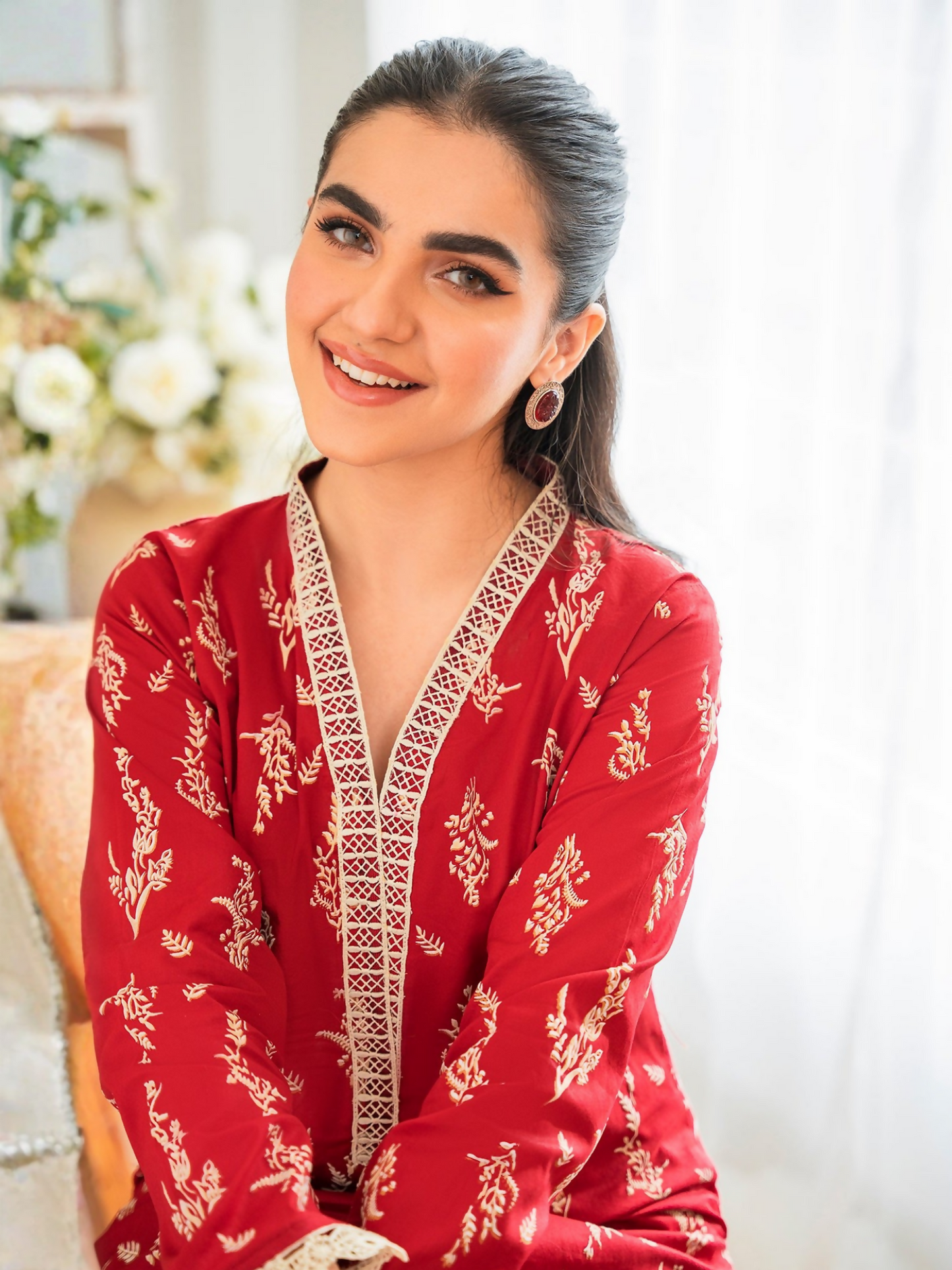 Panache Apparel Floral Fusion Cotton Lawn Printed Stitched 2-Piece Suit-Garnet