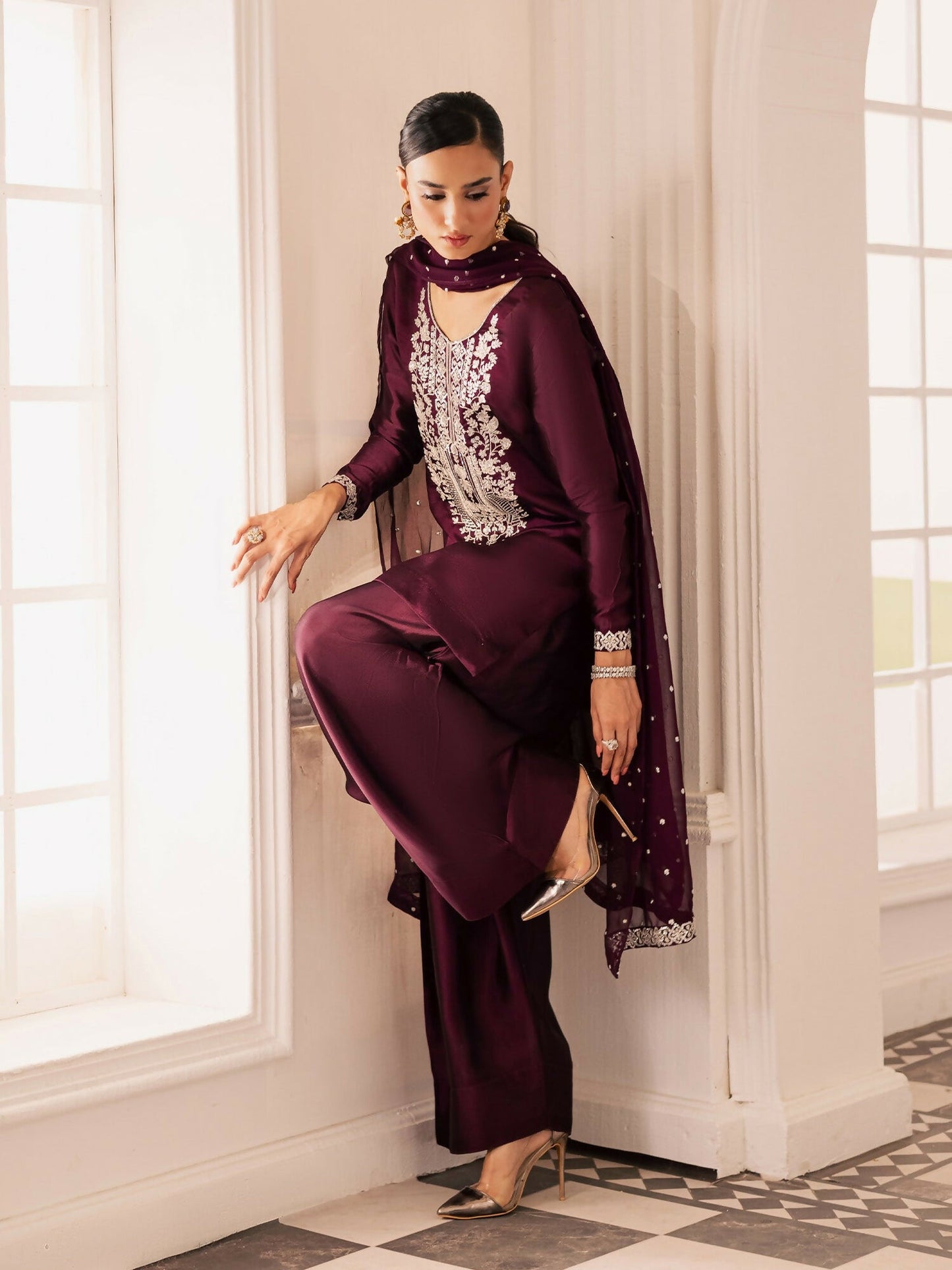 Allure By IH Be-My-Guest Thai Silk Embroidered Stitched 3-Piece Suit-Raisin