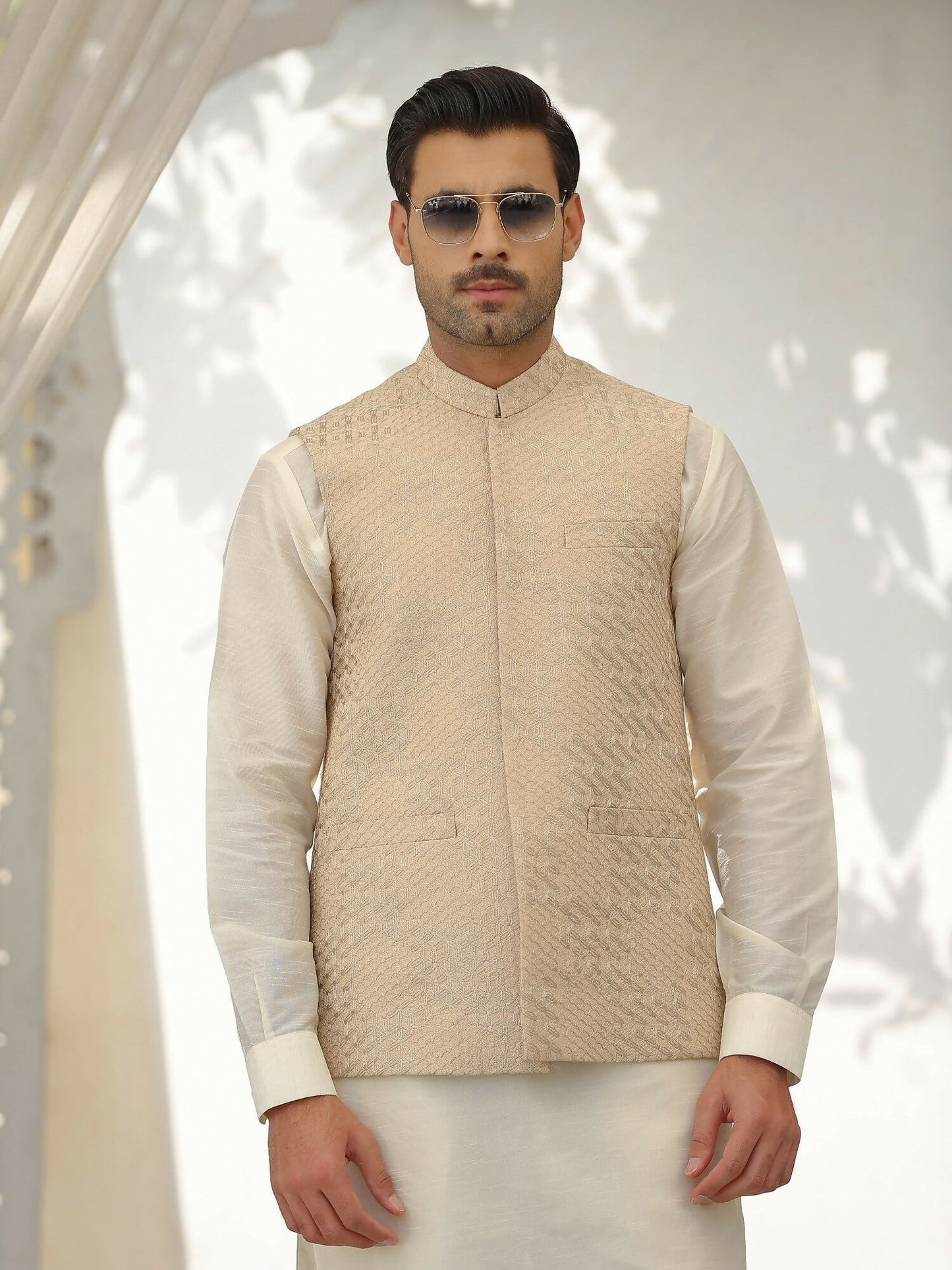 Gem Garments Afsanah Jacquard Embroidered Waistcoat-Munsaf