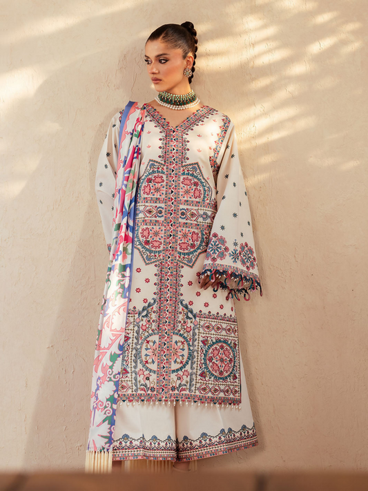 Embroidered lawn suit with central kali detail, daman lace, printed silk dupatta, and dyed cotton trouser.