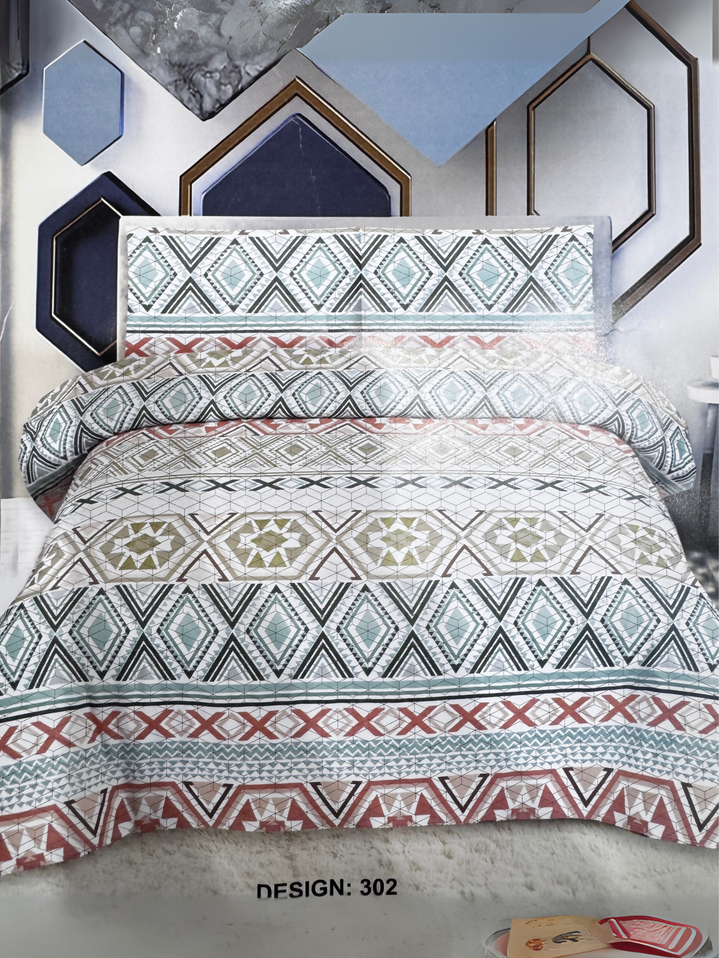 Multicolored printed luxury 3-piece bedspread set displayed on a double bed with matching pillow covers