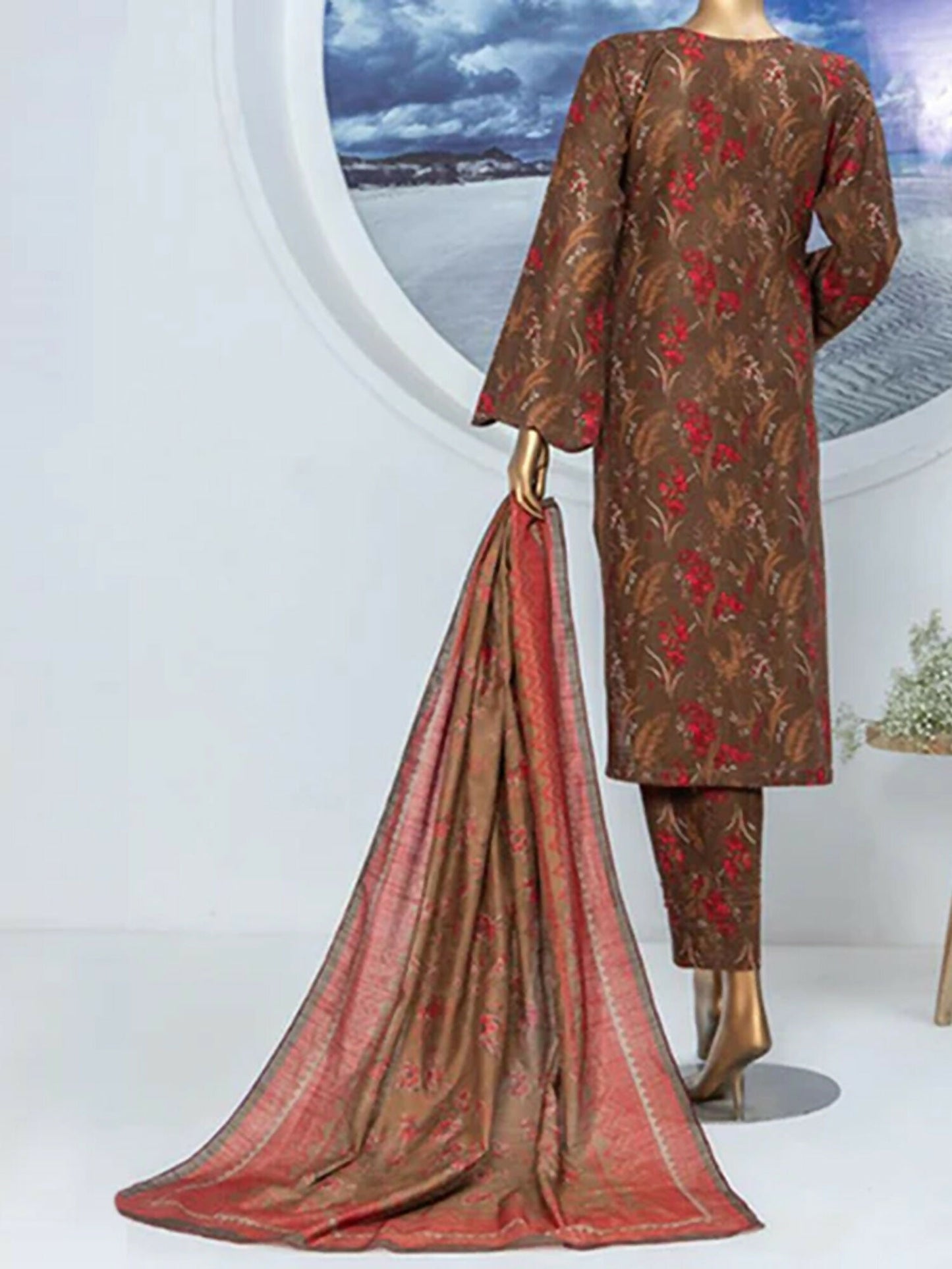 Funky's Printed Khaddar Unstitched 3-piece Suit-14928