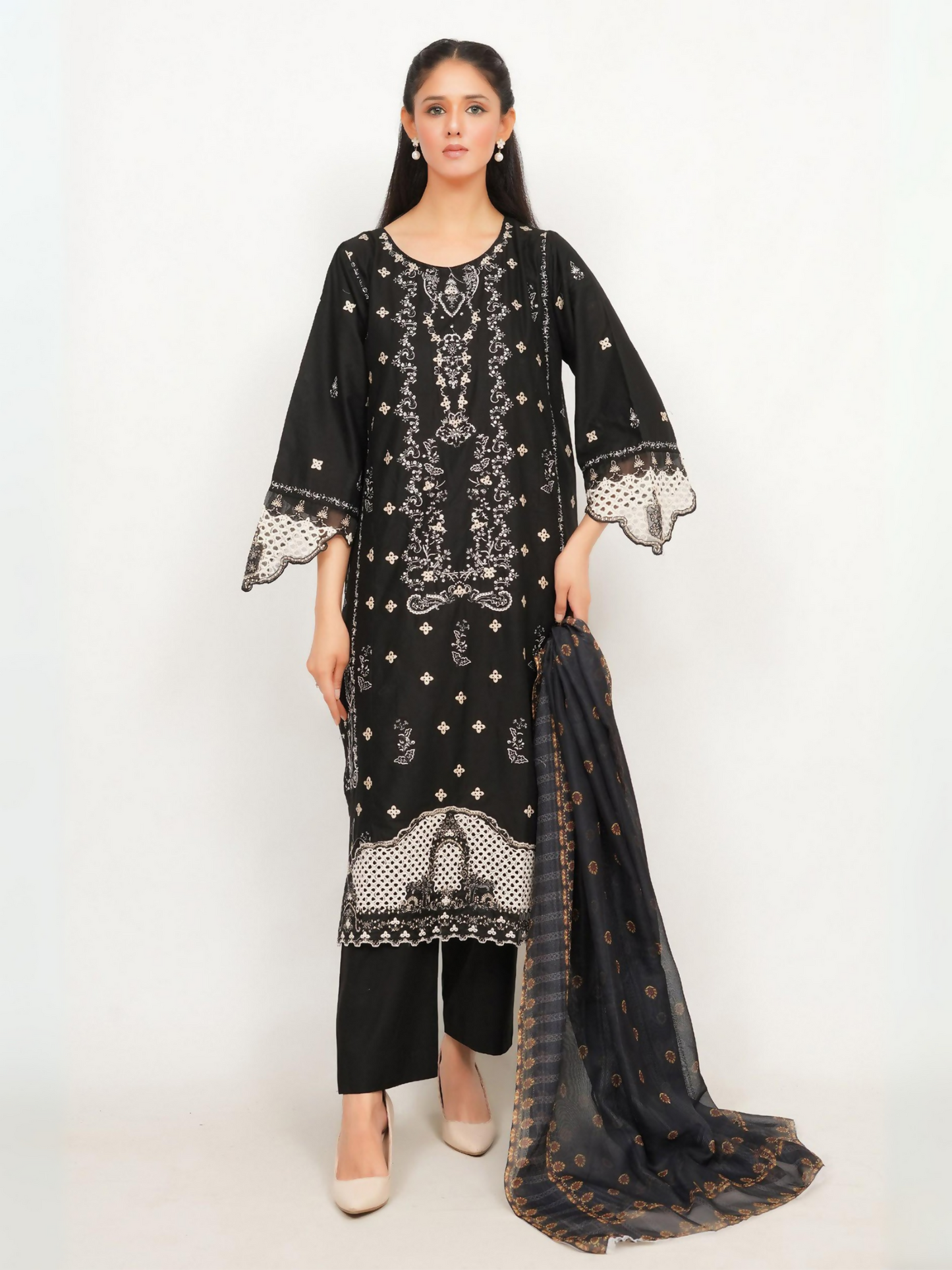 Woman wearing stitched 3-piece suit with fine white embroidery on straight-cut shirt, lace-detailed full sleeves, digitally printed dupatta, and matching straight trouser