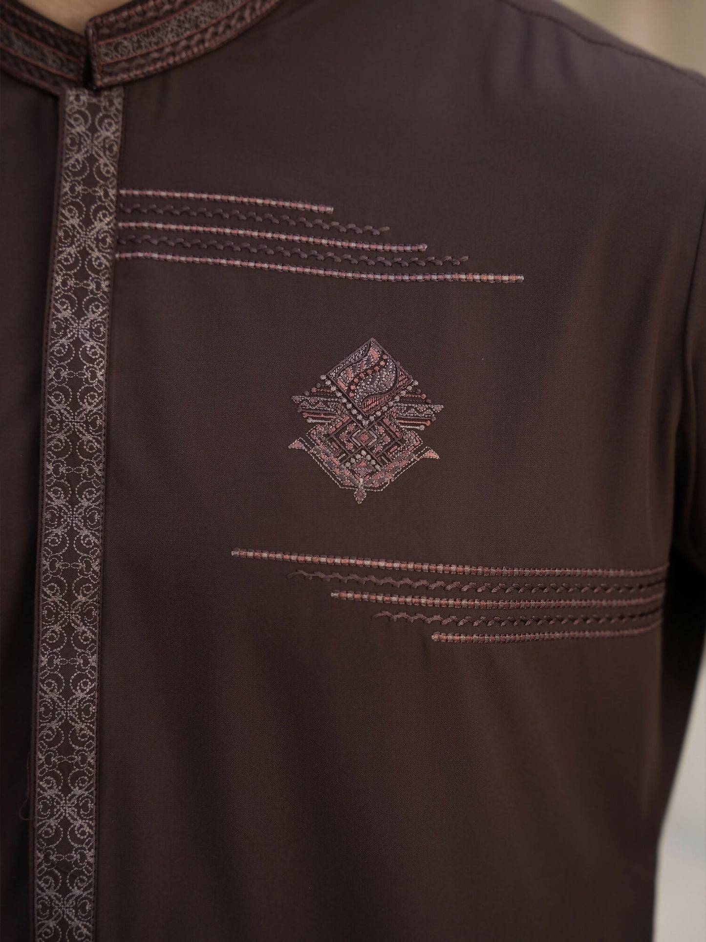 Fabrich Men Wash & Wear Embroidered Unstitched Shalwar Kameez-Brown