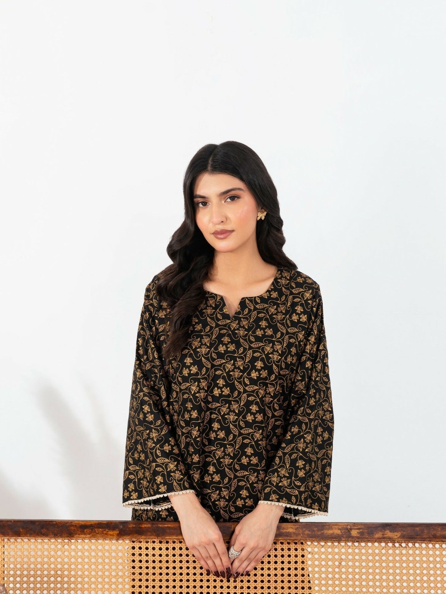 Stylish Collection Enchant Pret Linen Printed Co-Ord Set-Leaf Black