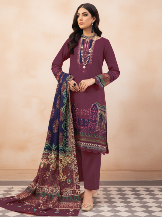 Mausummery Khaddar Printed Unstitched 3-Piece Suit-Garnet