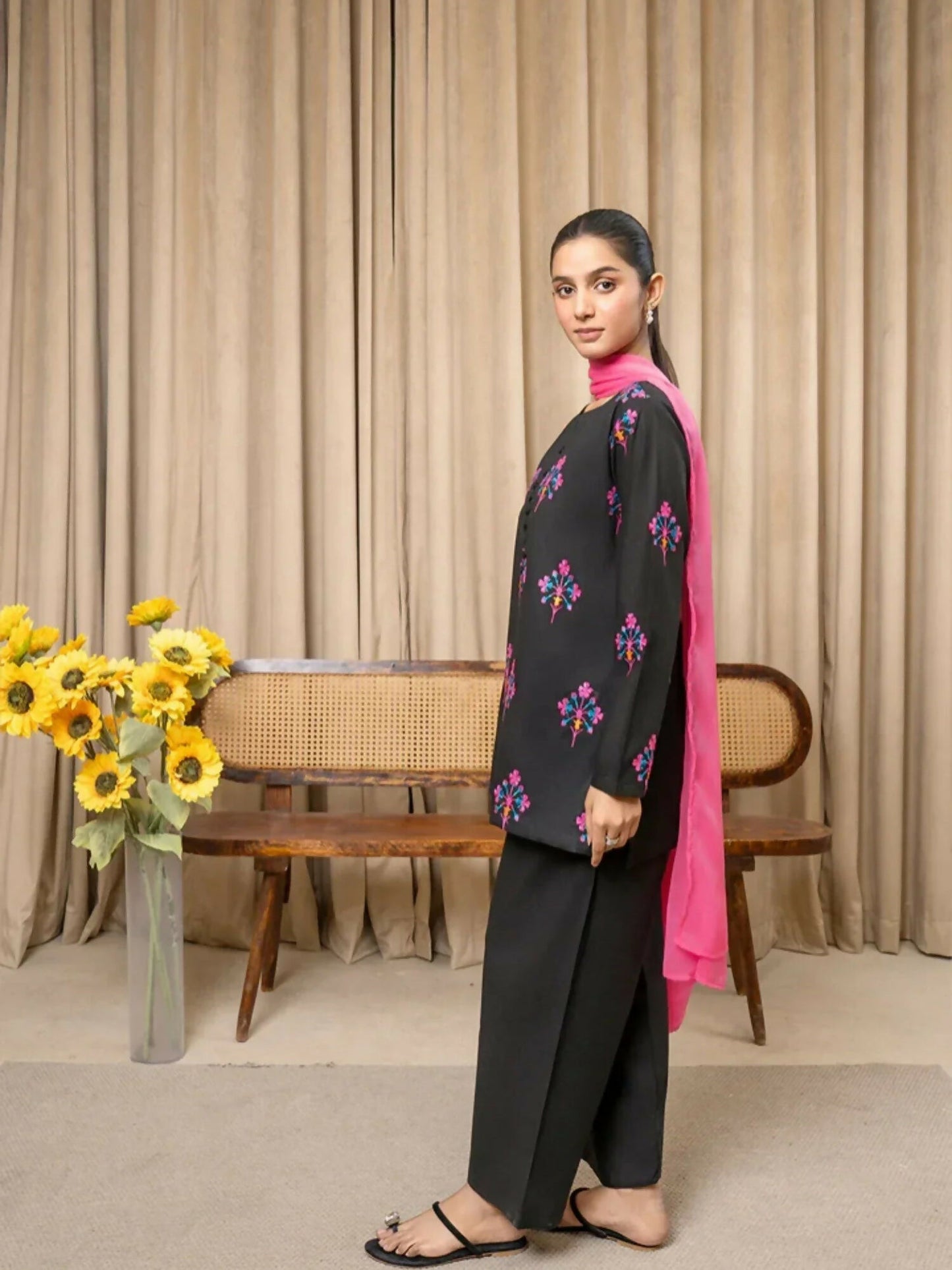 Stylish Collection Serene Summer Linen Printed Stitched 3-Piece Suit-Black Blossom