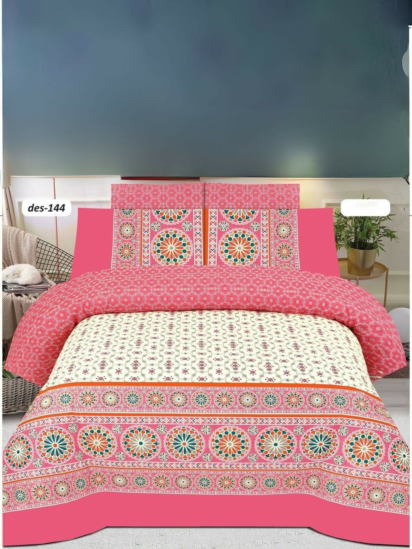 Pink king-size bedsheet with white and colorful mandala art and two matching pillow covers in poly cotton