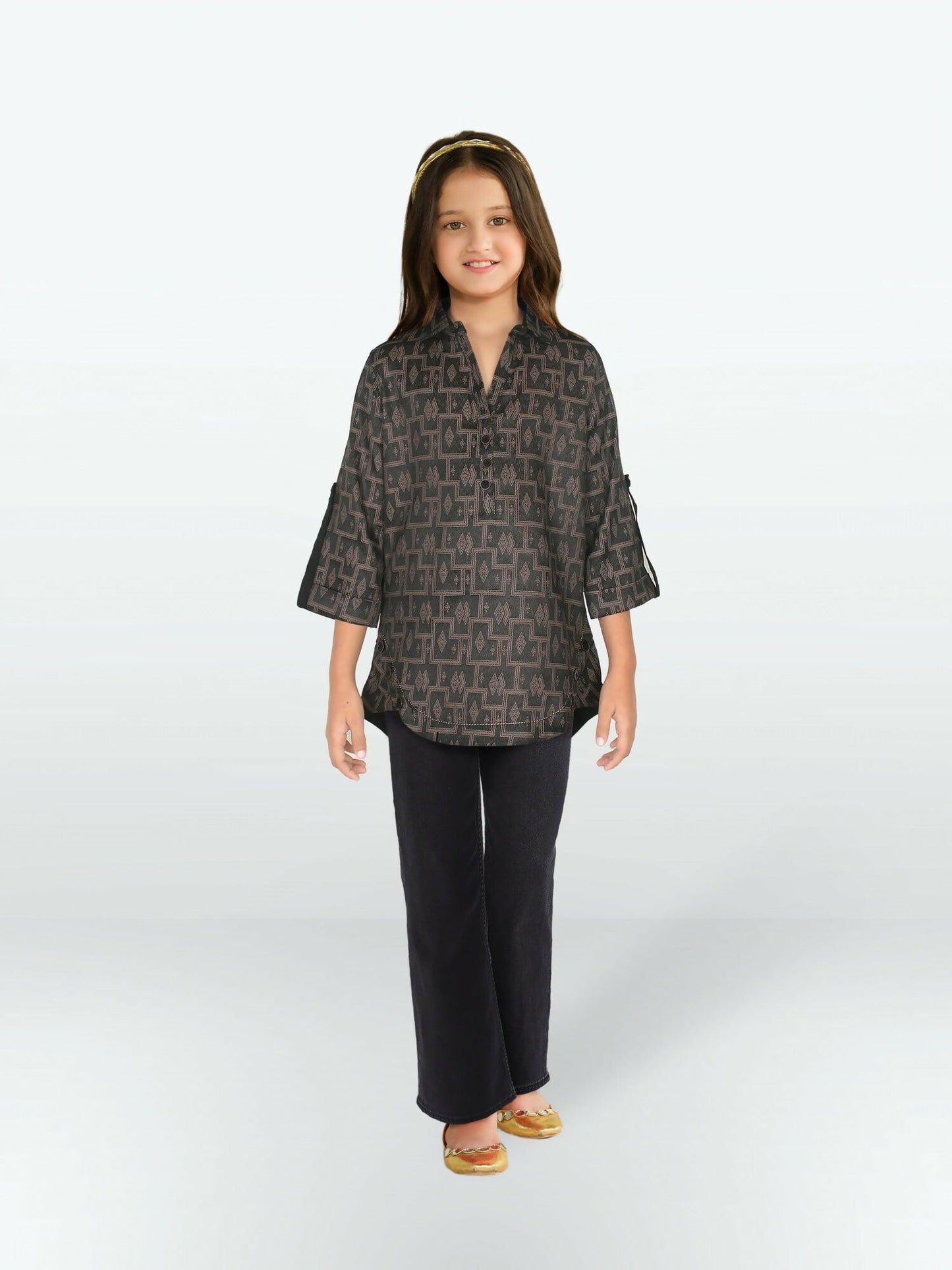 Charcoal Brown Velvour Girls Printed Stitched Tunic-VG124-B