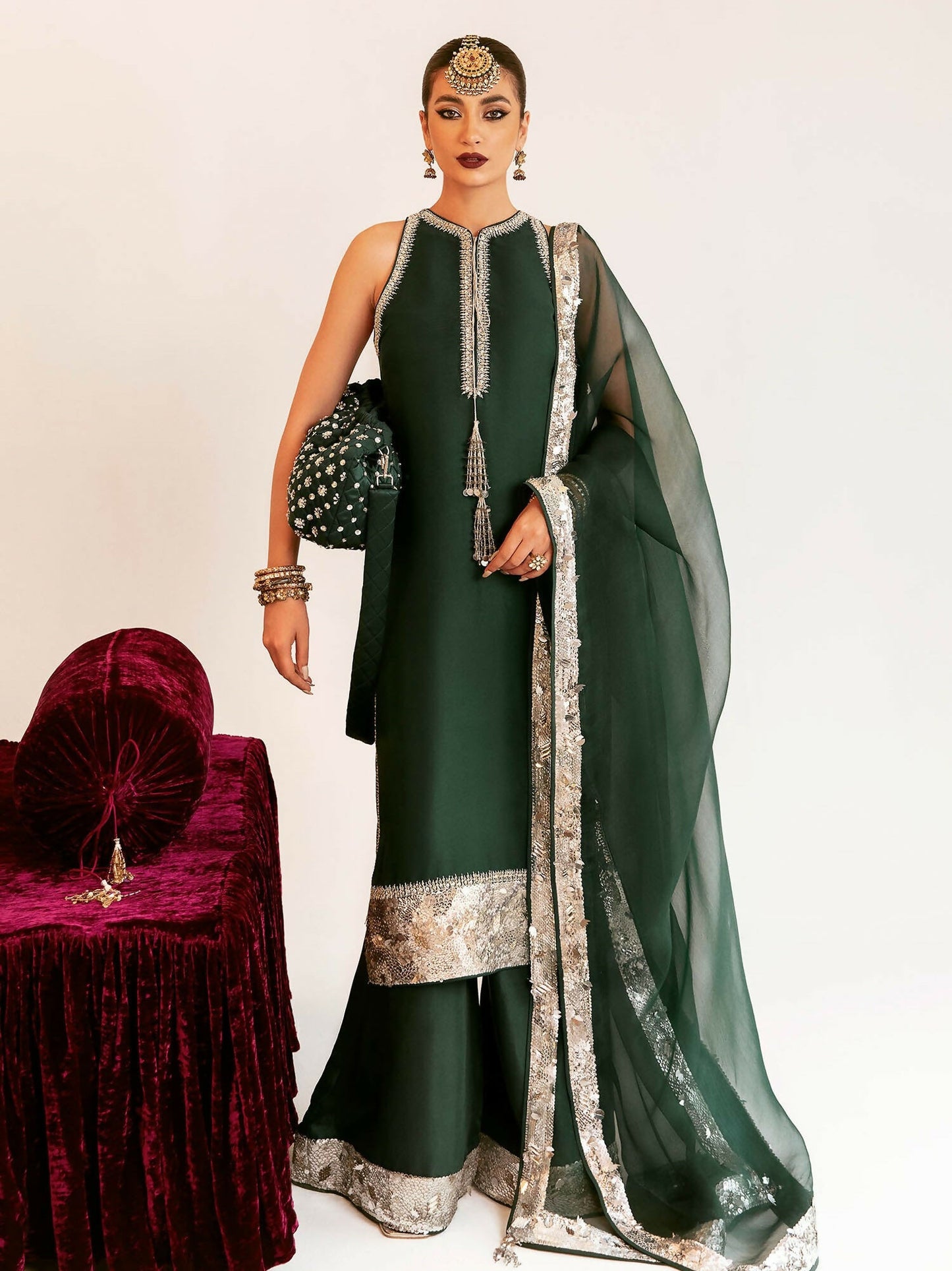 Hussain Rehar navy blue raw silk embroidered shirt with hand embellishments, side slit raw silk shalwar, and scalloped organza dupatta with tassel detail