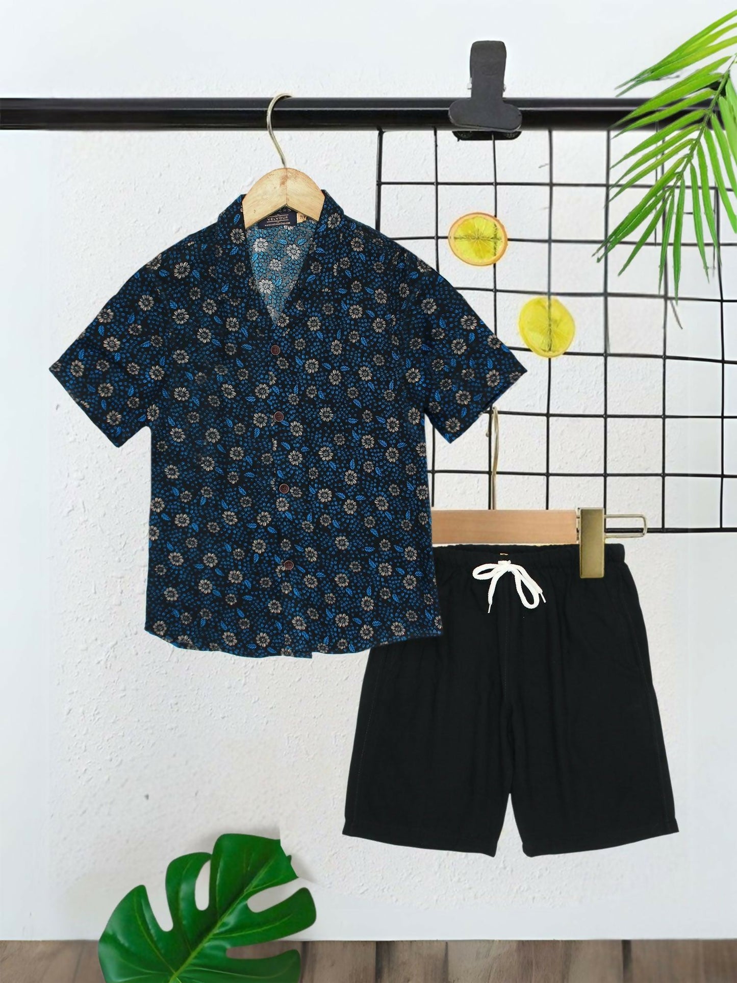 Blue and Black Velvour Boys & Girls Printed Co-ord Set-VC25