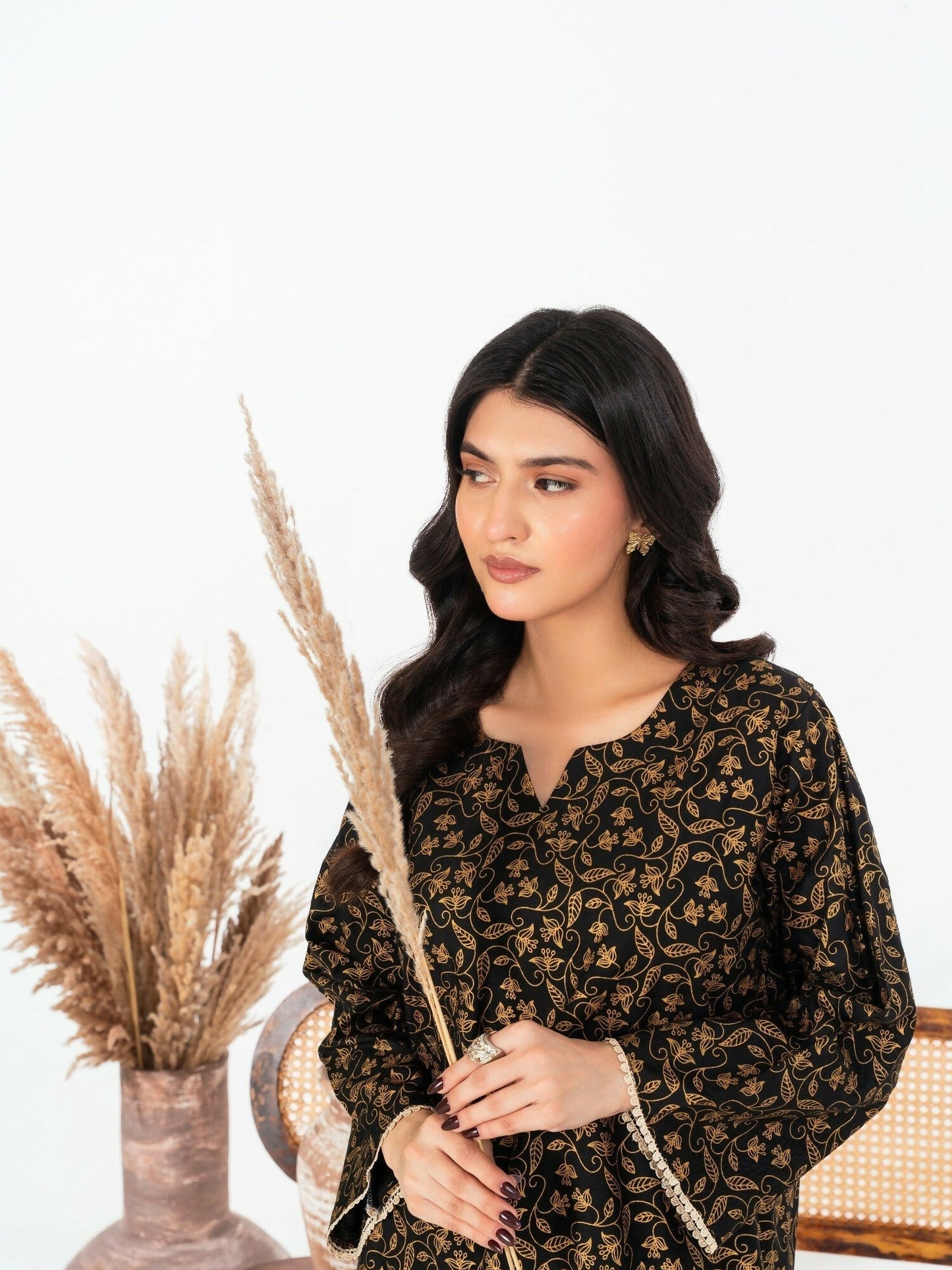 Stylish Collection Enchant Pret Linen Printed Co-Ord Set-Leaf Black