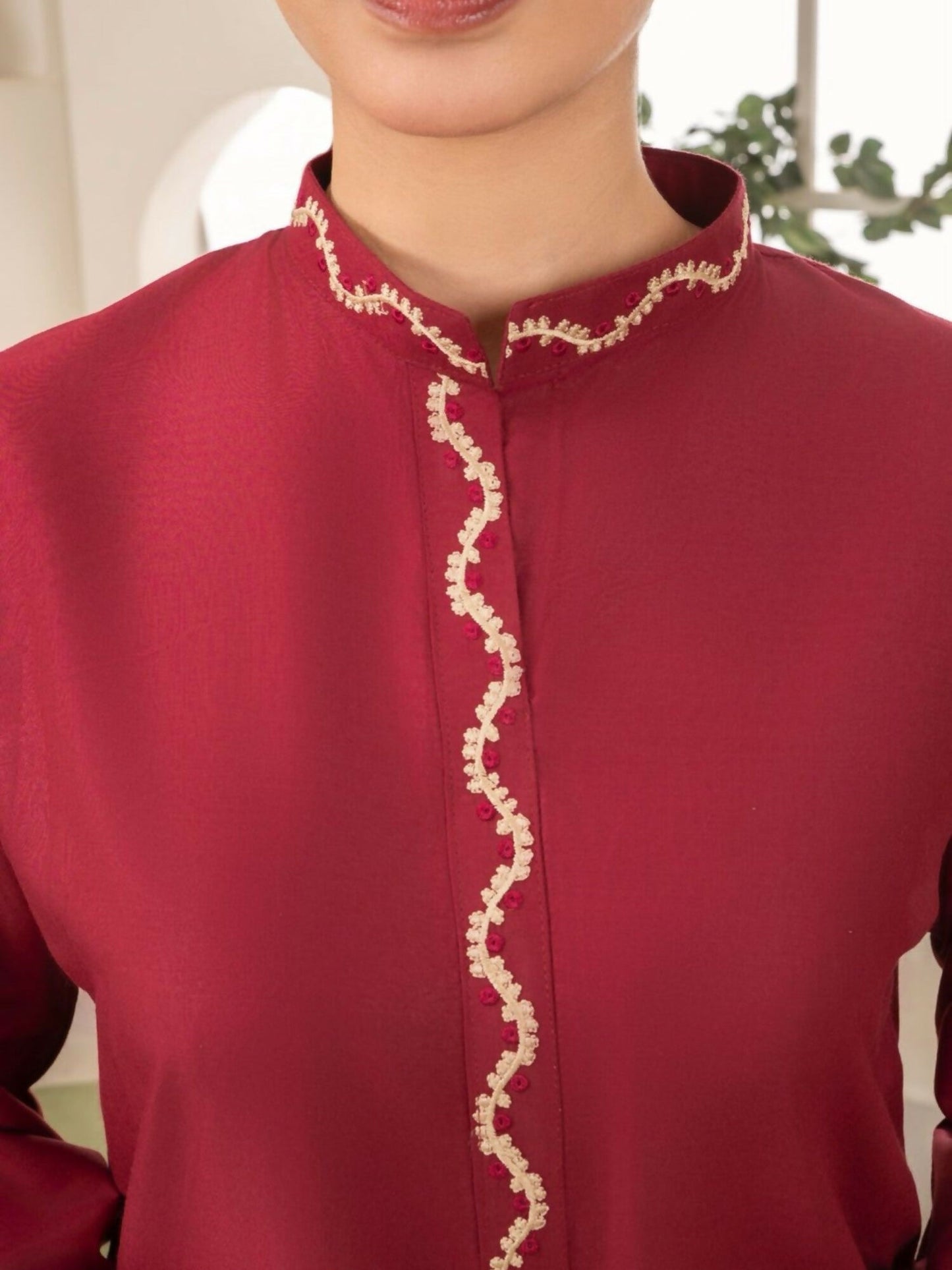 Stylish Collection Aaraish Linen Embroidered Co-Ord Set-Maroon Ringles