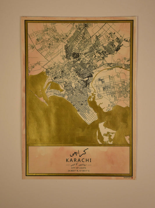 MappedPK Karachi Gold Hand Painted Map