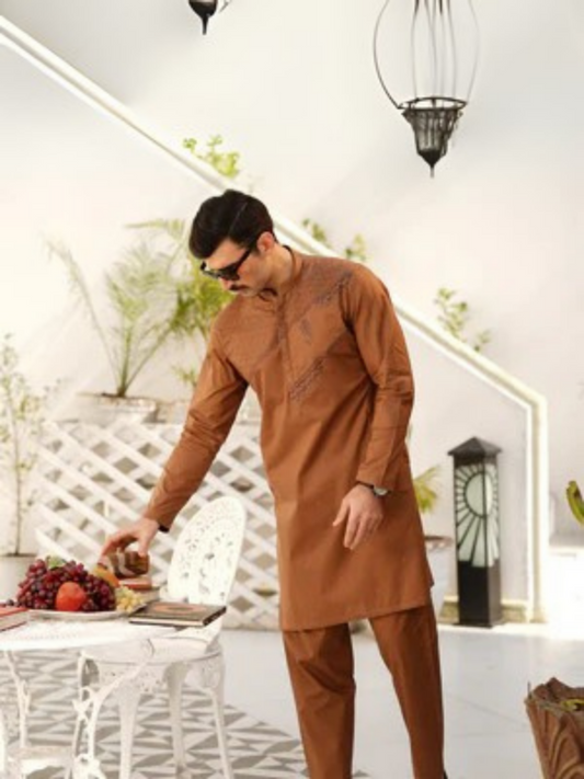 Fabrich Men Embroidered Cotton Unstitched Shalwar Kameez-GTS-MCE-019