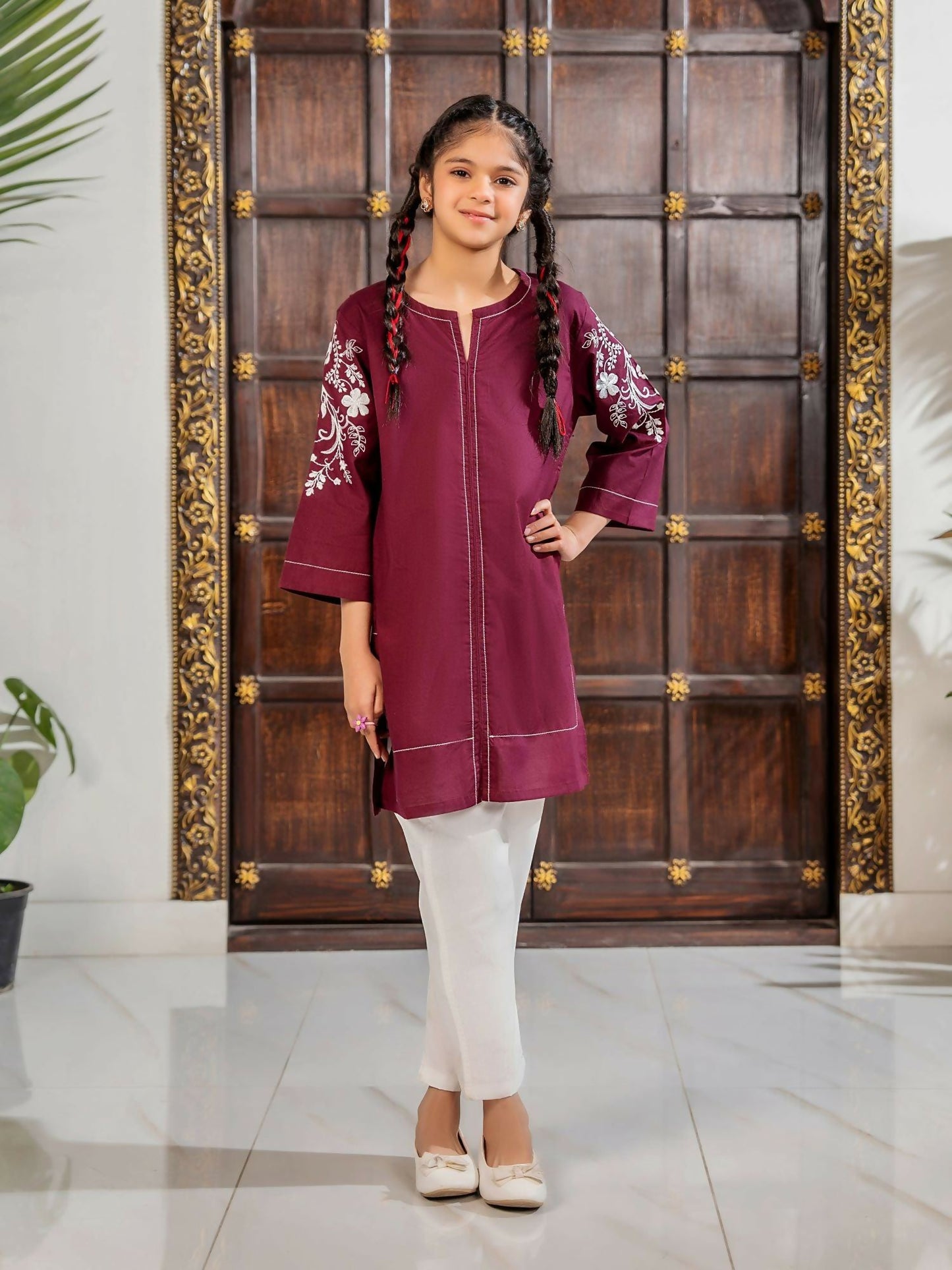 Deep Maroon Velvour Girls Embroidered Stitched Tunic-VG105-A