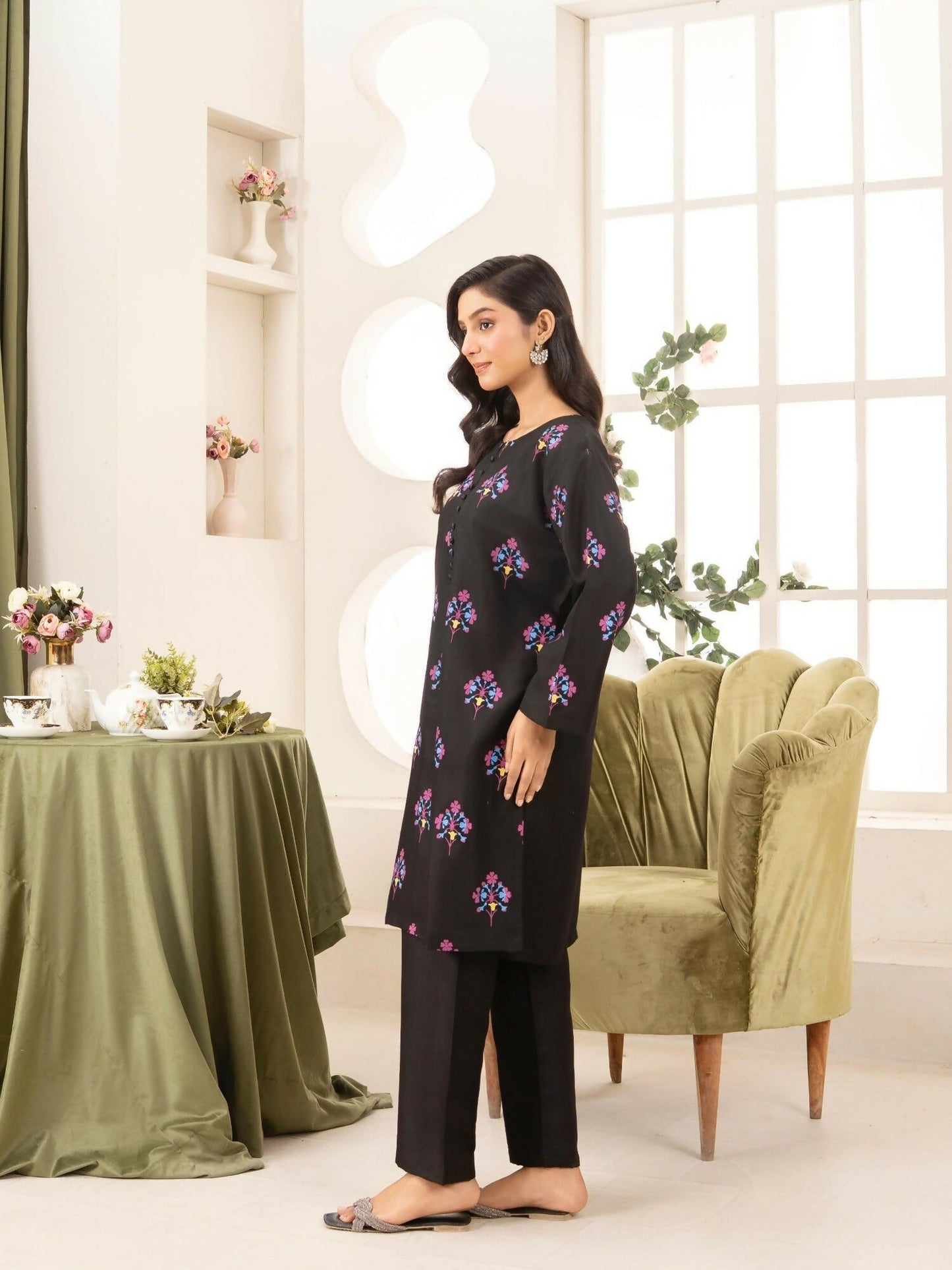 Stylish Collection Aaraish Linen Printed Stitched 2-Piece Suit-Black Blossom