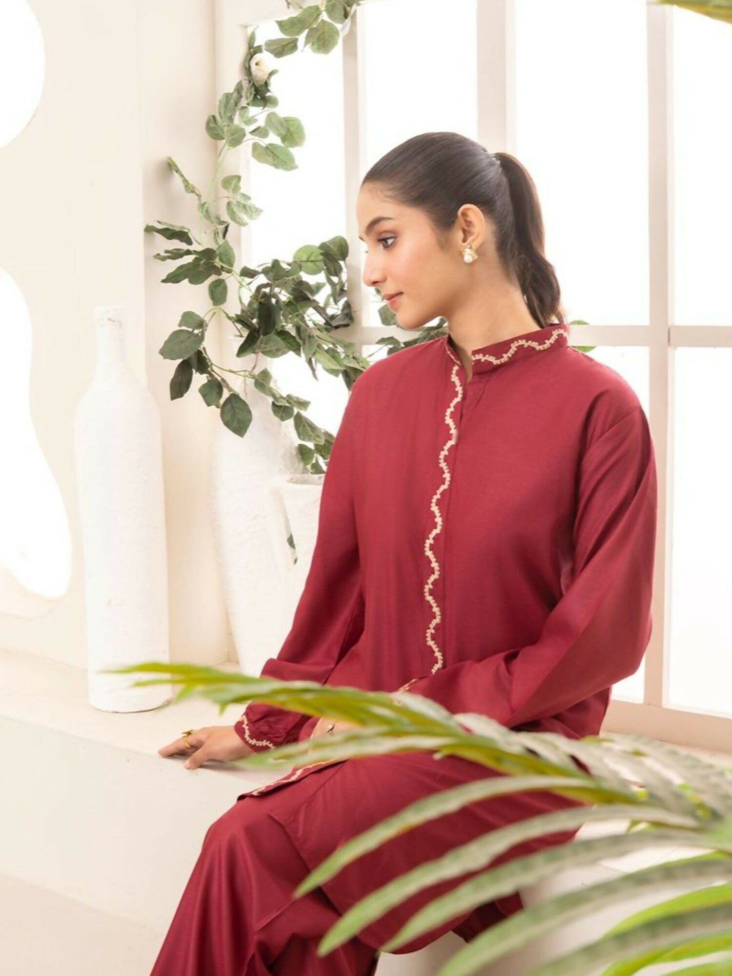 Stylish Collection Aaraish Linen Embroidered Co-Ord Set-Maroon Ringles