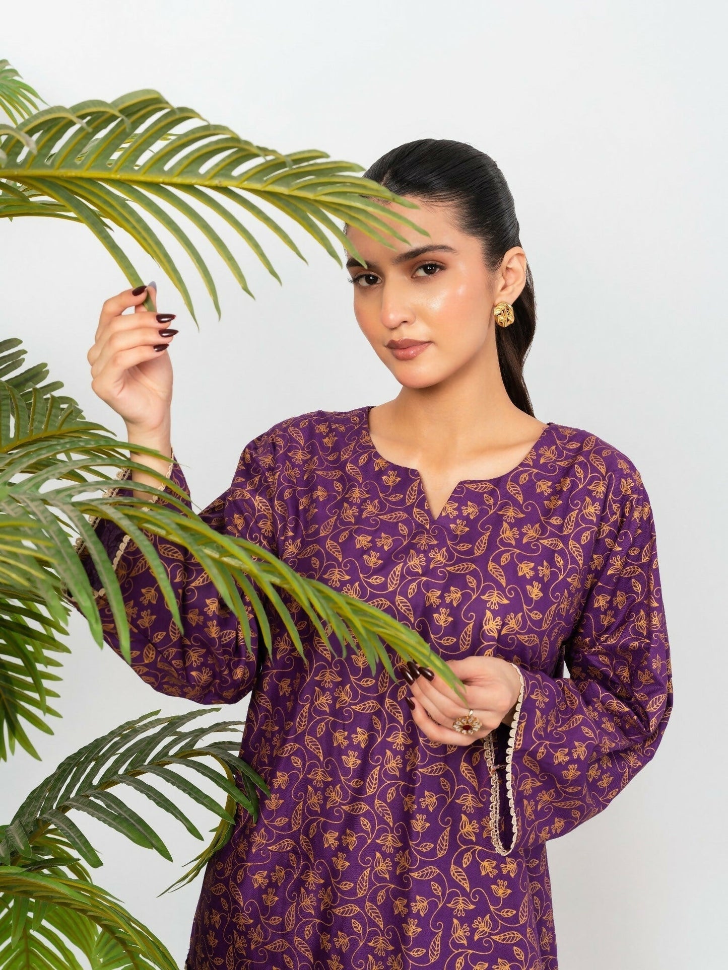 Stylish Collection Enchant Pret Linen Printed Co-Ord Set-Leaf Purple