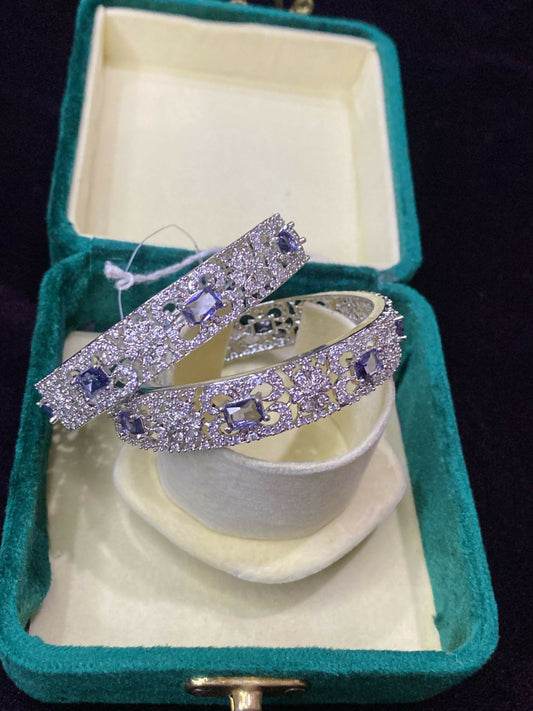 Noor Bilal one carat silver bangles with purple and silver zircon accents, elegant traditional jewellery set.