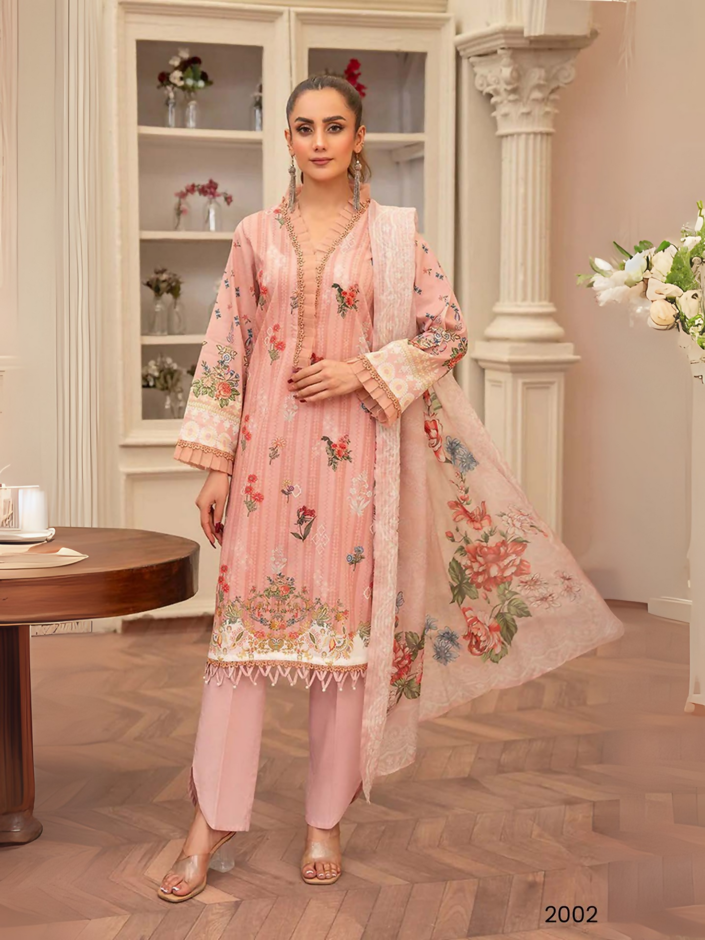 Blush pink unstitched 3-piece lawn suit by Sitara Sapna featuring floral printed shirt, dyed trouser, and digital printed dupatta