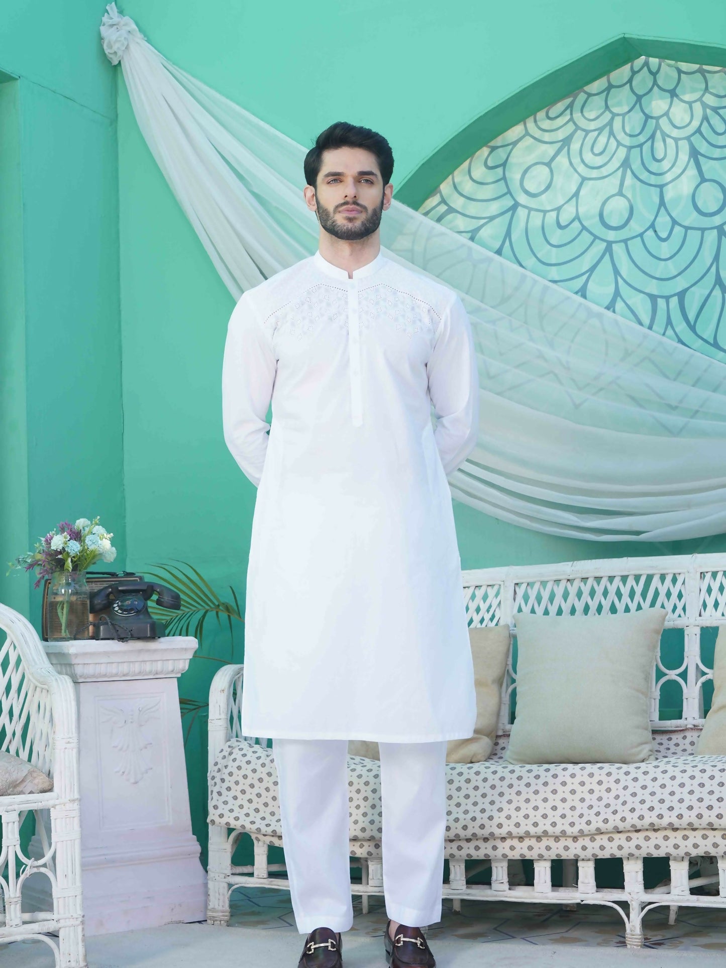 White Fabrich Men Embroidered Cotton Unstitched Shalwar Kameez-GTS-B-027