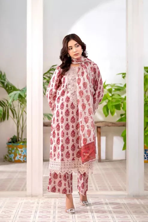 MAK Fashion Lawn Embroidered Stitched 3-Piece Suit-Ruby Rouge