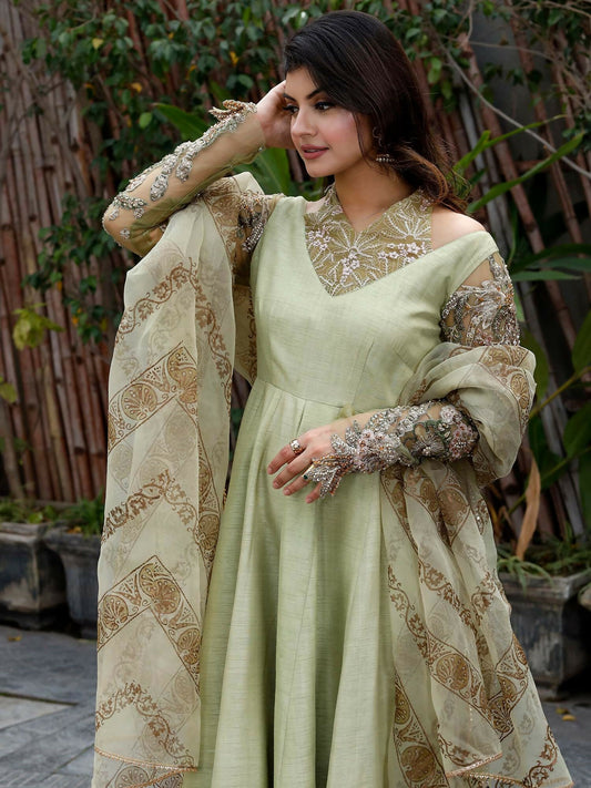 Shiza Hassan Nadia Luxury Pret Korean Raw Silk Embellished Pishwas-Mint Luminance