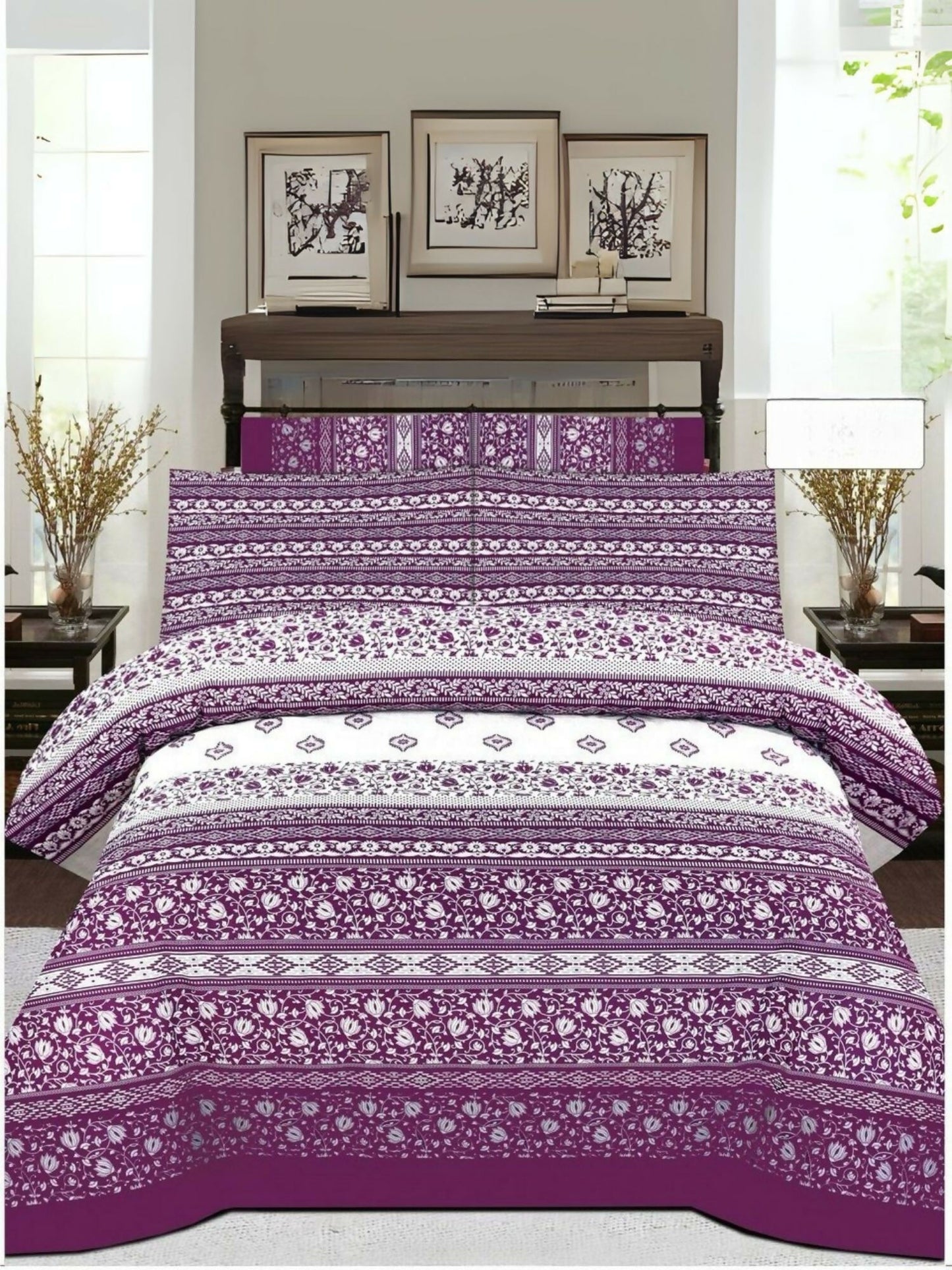 Danier 6pcs comforter set in a mix of purple and white design – includes bedsheet, comforter, and four pillow covers.