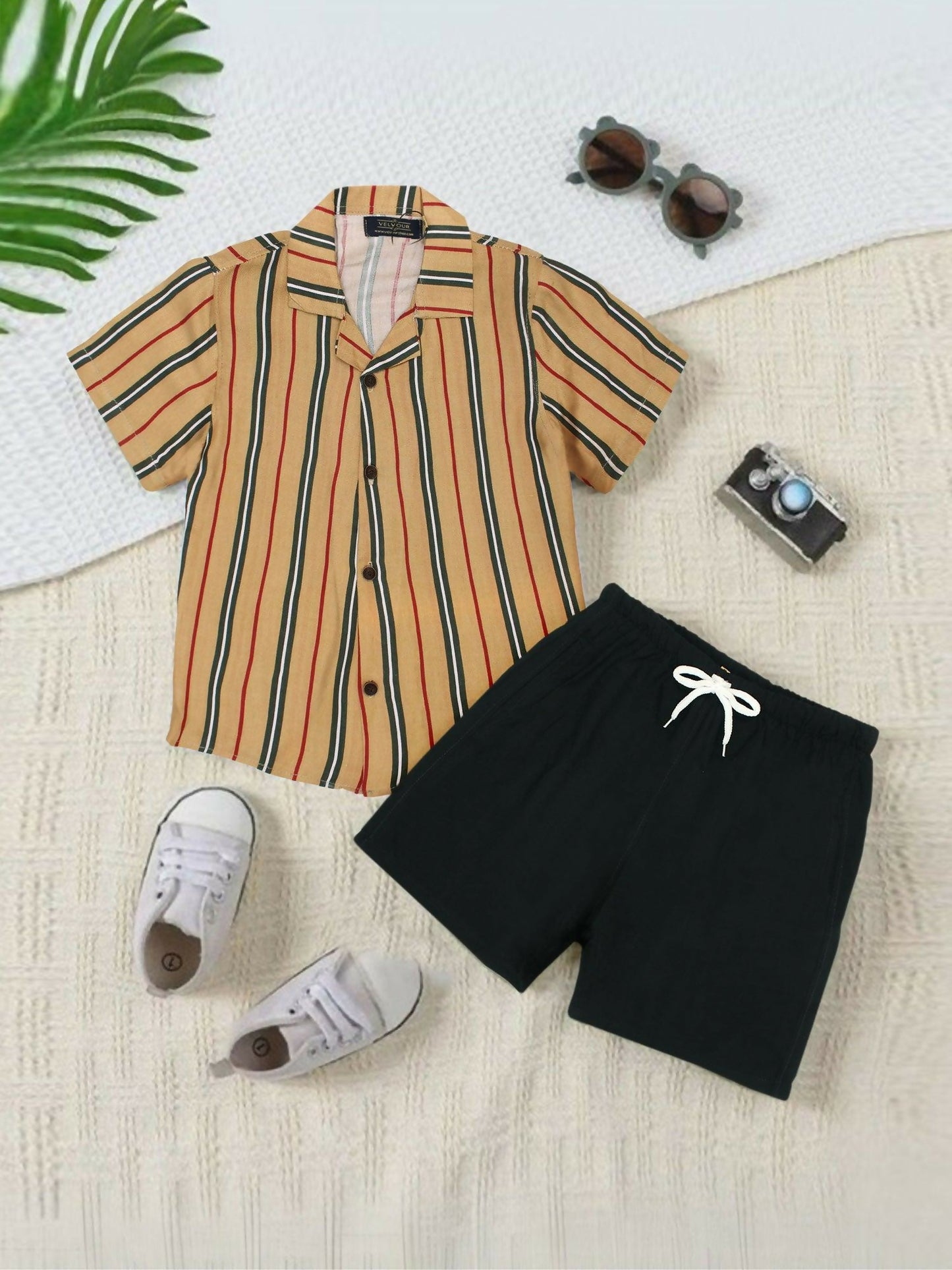 Mustard and Black Velvour Boys & Girls Printed Co-ord Set-VC28