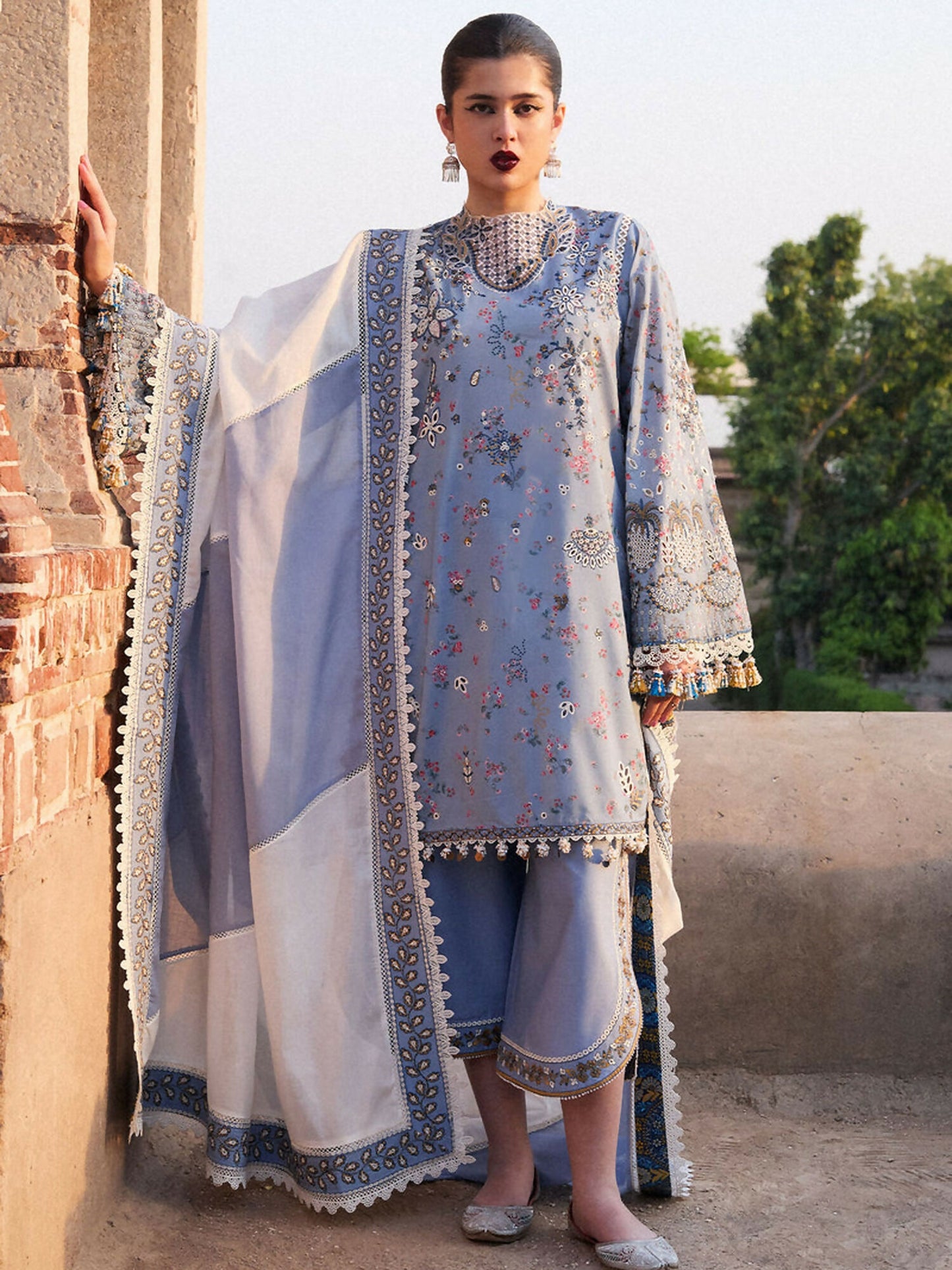 Ice Blue Hussain Rehar Luxury Lawn Embroidered Unstitched 3-Piece Suit-Fira