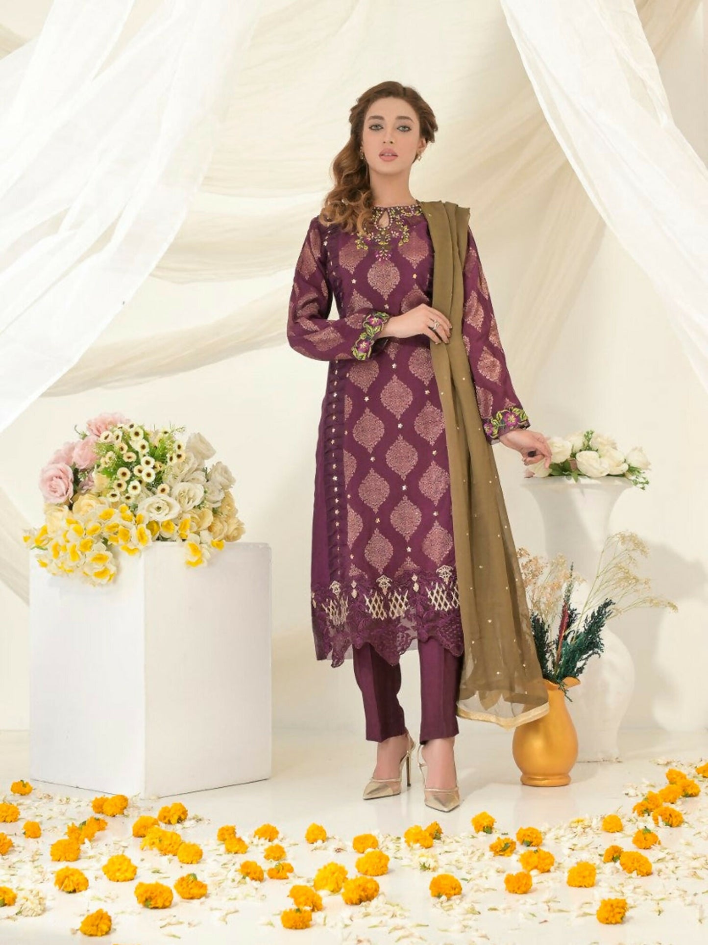 Ruby's Couture Gul-Bahar Khadi Embroidered Stitched 3-Piece Suit-Pariza