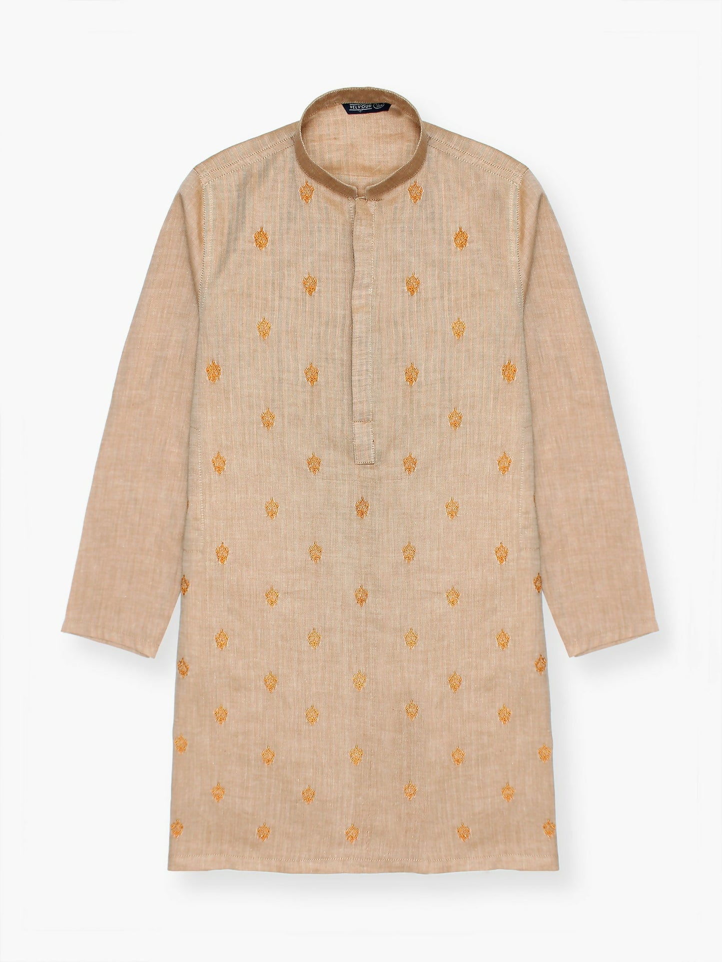 Embroidered stitched cotton kurta with mandarin collar, full sleeves, and regular fit, ideal for boys' traditional and festive wear