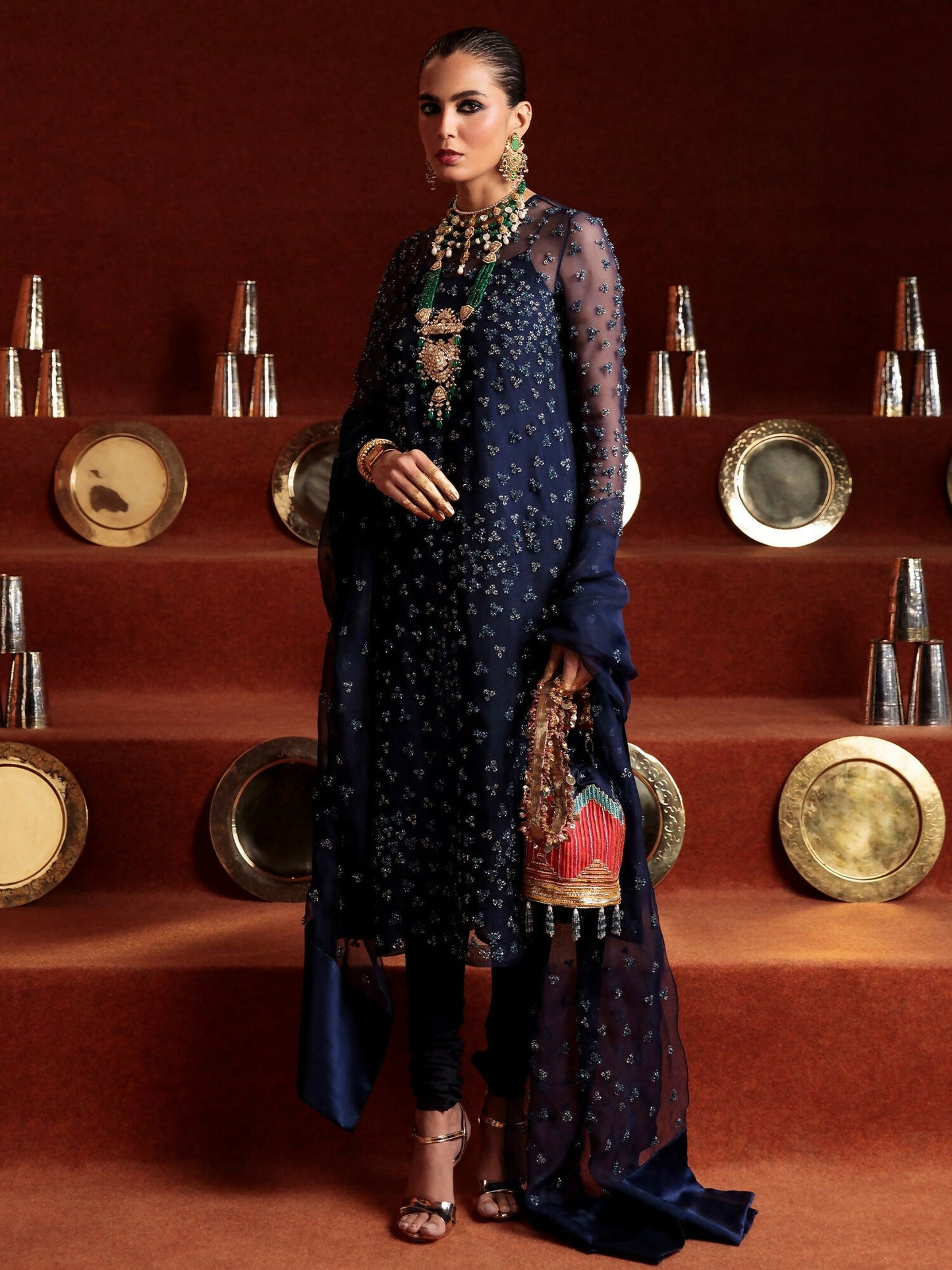 Hussain Rehar navy blue embellished organza shirt with raw silk chooridar and organza dupatta