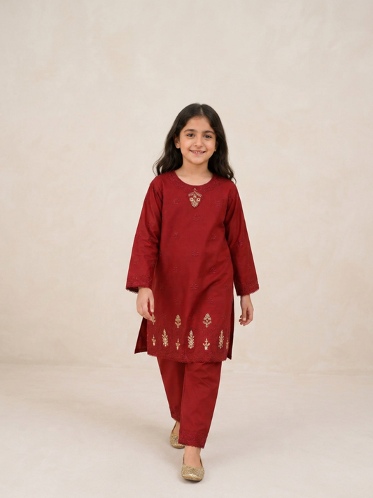 Maroon-Lumira Chikankari Cotton Embroidered Stitched 3-Piece Suit-Gul-e-Bachpan Maroon
