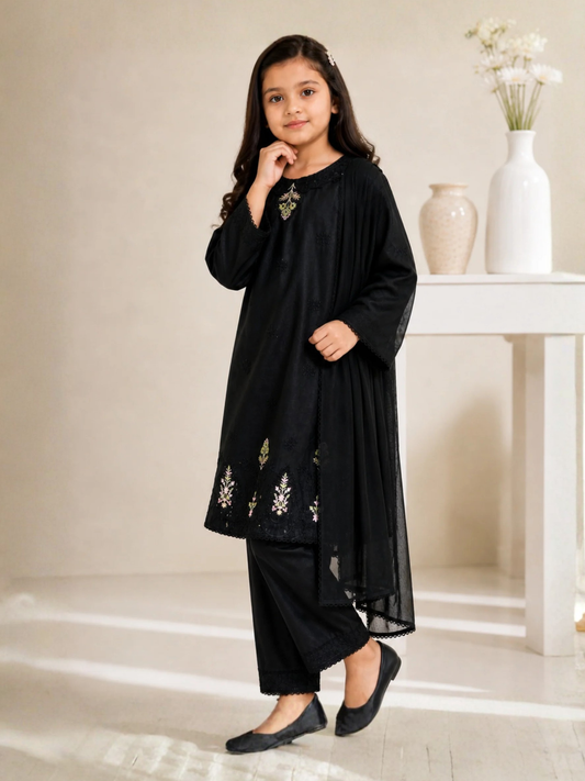 Black-Lumira Chikankari Cotton Embroidered Stitched 3-Piece Suit- Gul-e-Bachpan Black