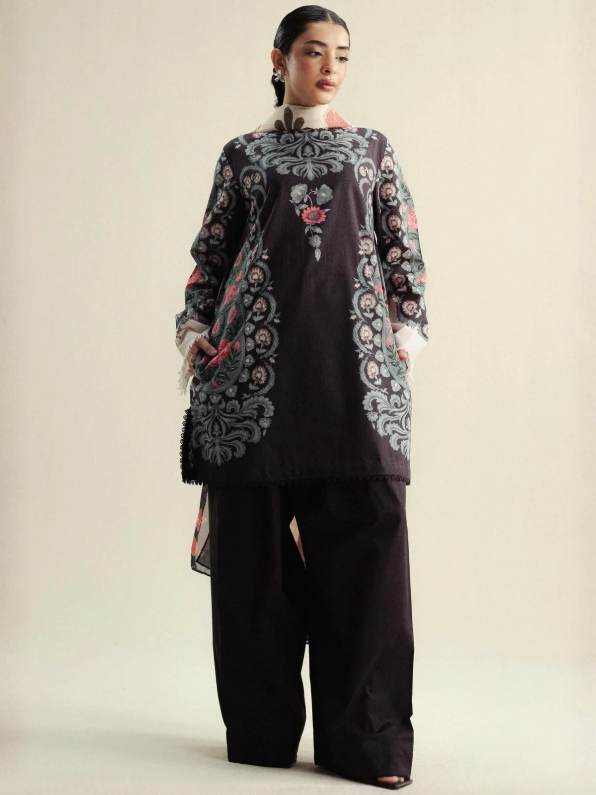 Coffee Brown-Coco By Zara Shahjahan Cambric Printed Unstitched 3-Piece Suit-Sol-9B