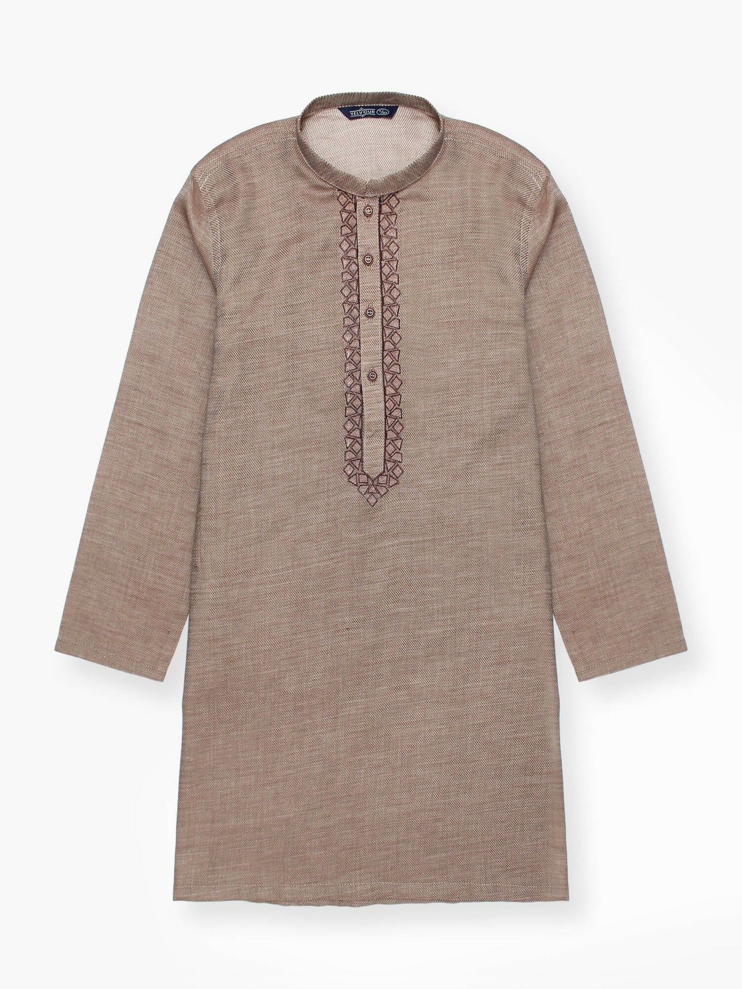 Embroidered cotton stitched kurta for boys with mandarin collar, embroidery along button placket, full sleeves, and regular fit