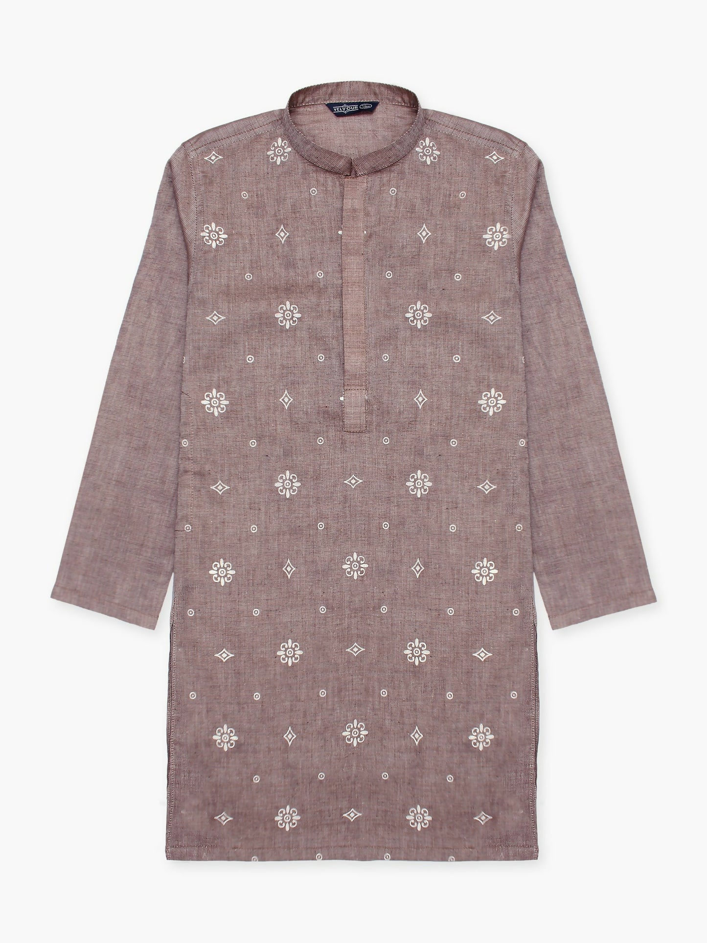 Printed cotton stitched kurta for boys with mandarin collar, full sleeves, and regular fit