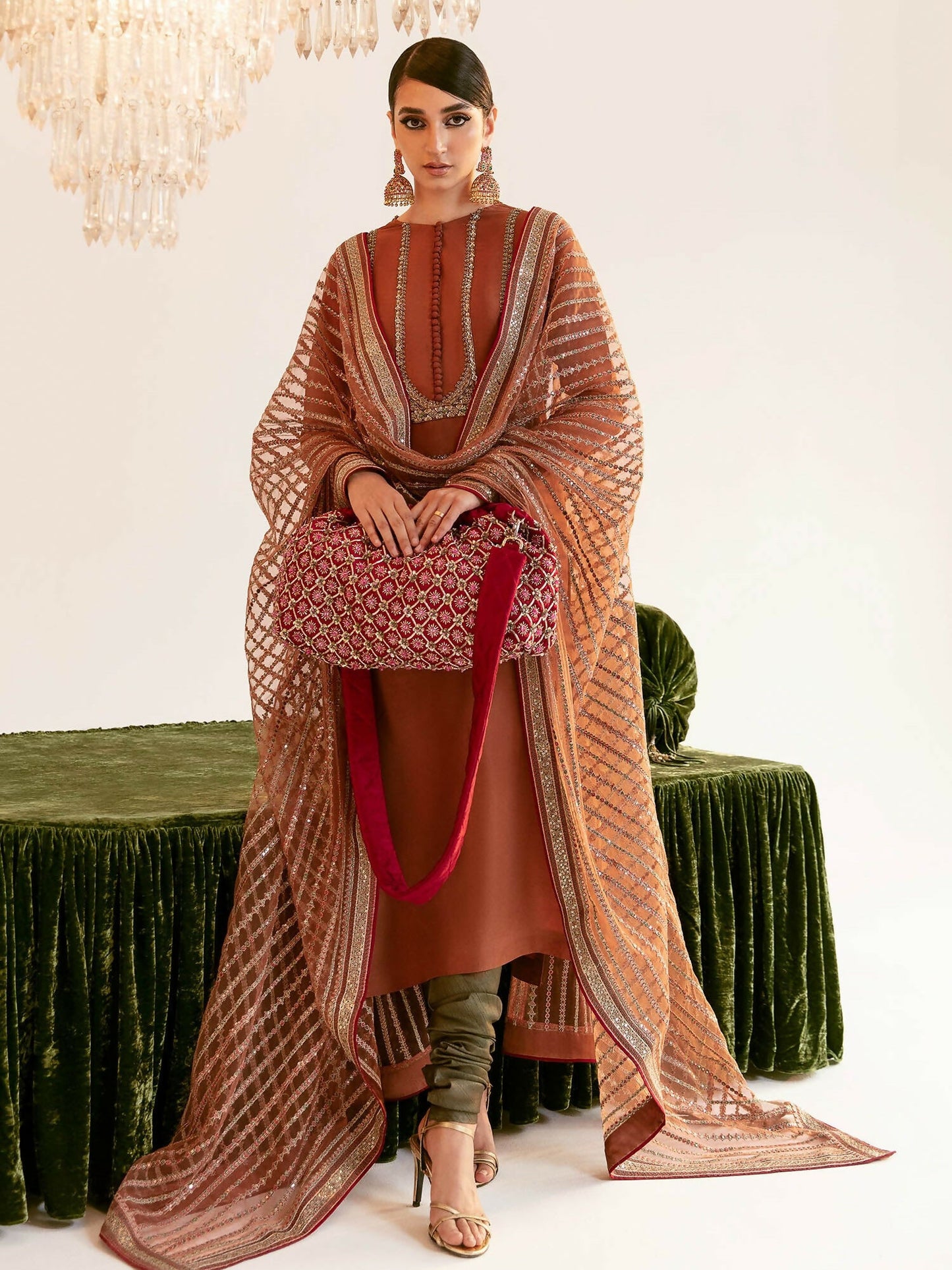 Hussain Rehar brown raw silk chooridaar set with embroidered net dupatta