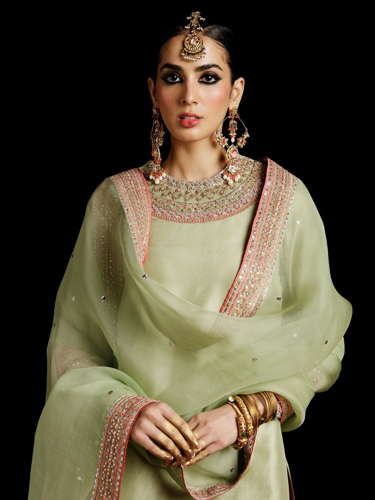 Hussain Rehar pistachio raw silk embellished shirt with hot pink shalwar and organza dupatta