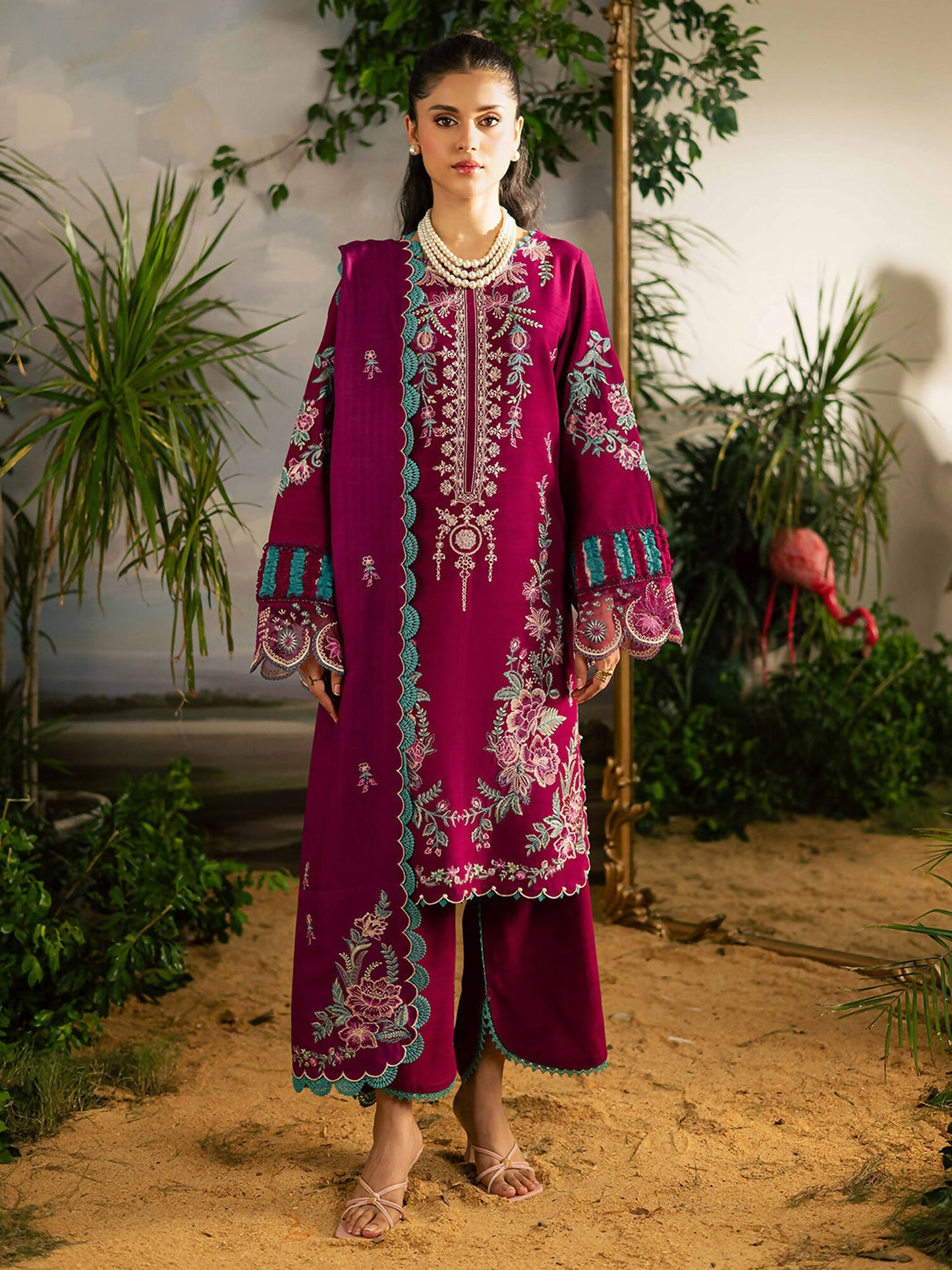 Mahnur Kaia Slub Linen Embroidered Stitched 3-Piece Suit-K- 09