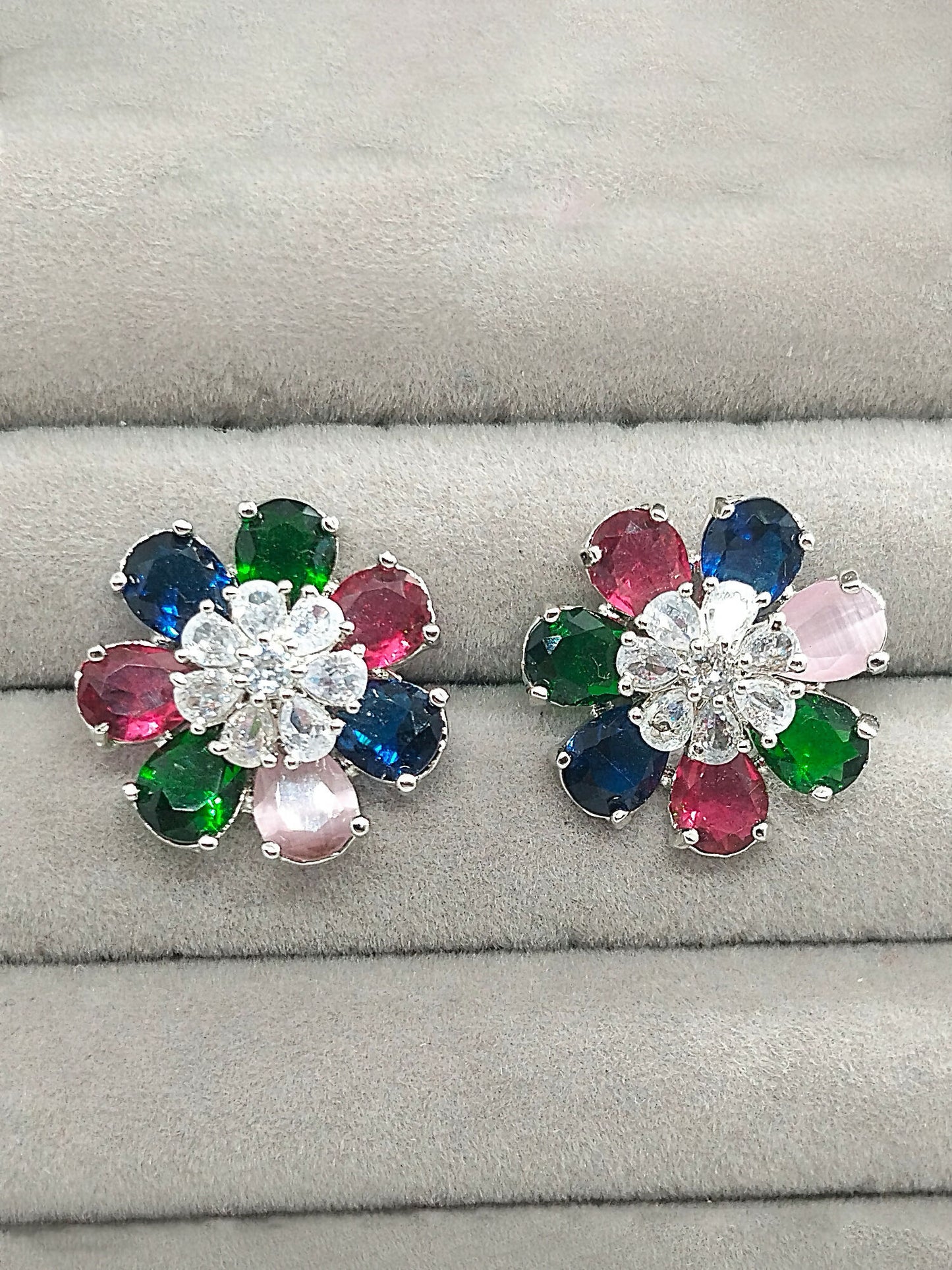 H&A Jewellery multicolor floral stud earrings with zirconia center and silver-tone base