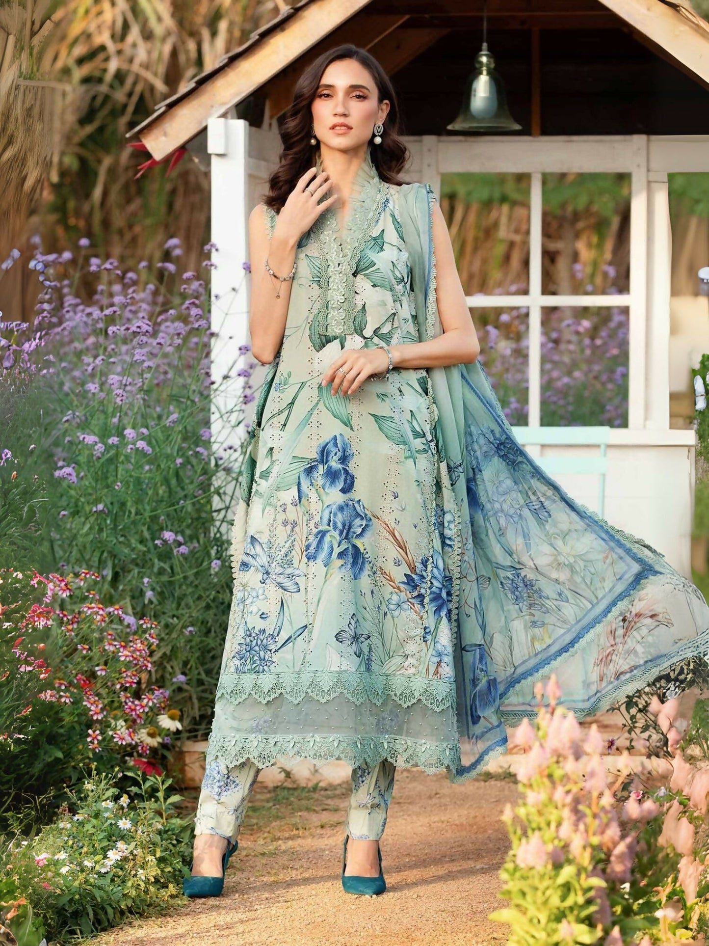 Maria.B mint green printed lawn outfit with embroidered front and organza embroidered patti.